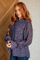 Lucid Dream Ruffle Neckline Blouse in Navy    Blouses Ave Shops- Tilden Co.