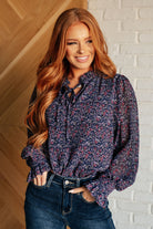 Lucid Dream Ruffle Neckline Blouse in Navy    Blouses Ave Shops- Tilden Co.