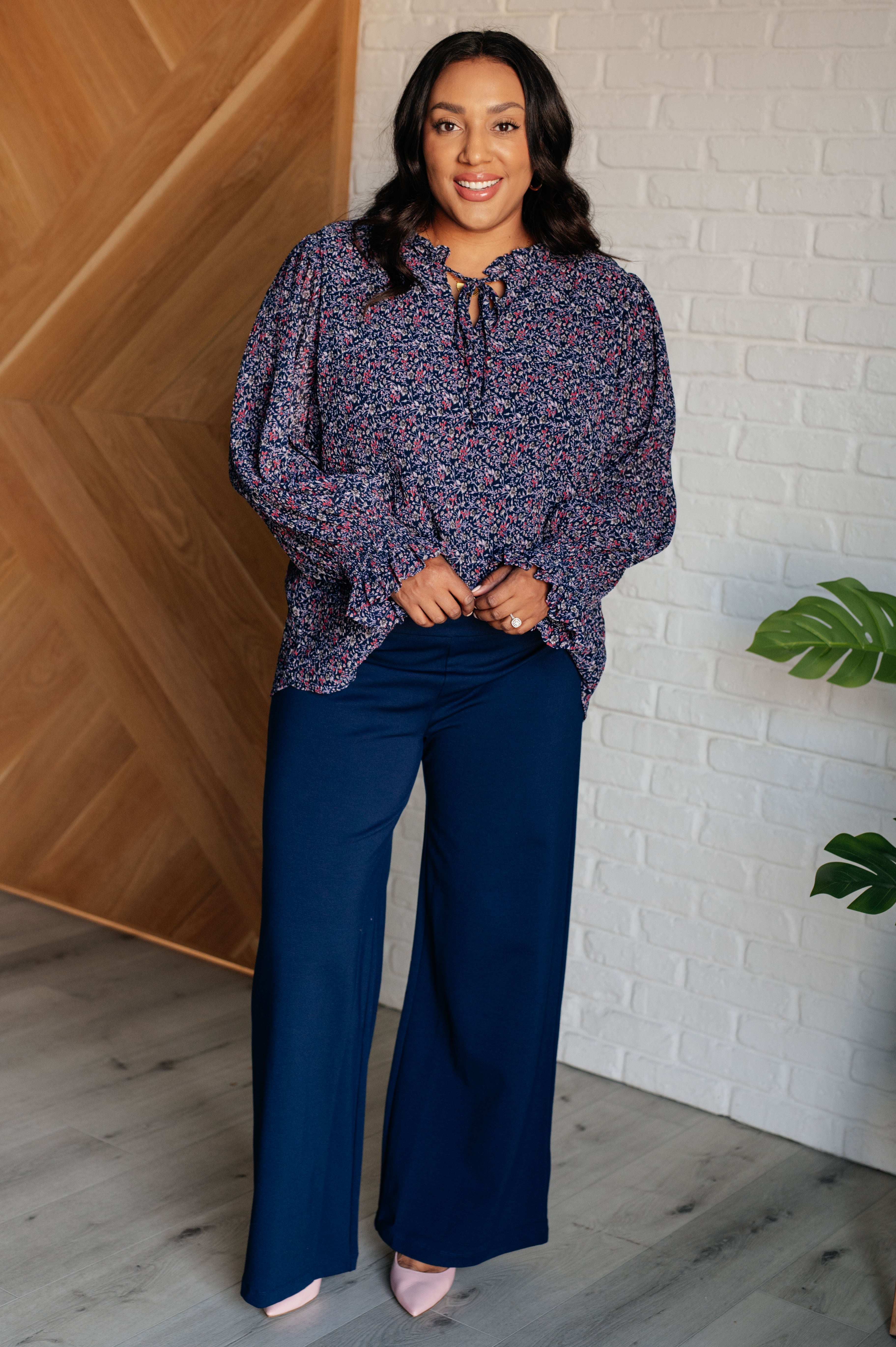 Lucid Dream Ruffle Neckline Blouse in Navy    Blouses Ave Shops- Tilden Co.