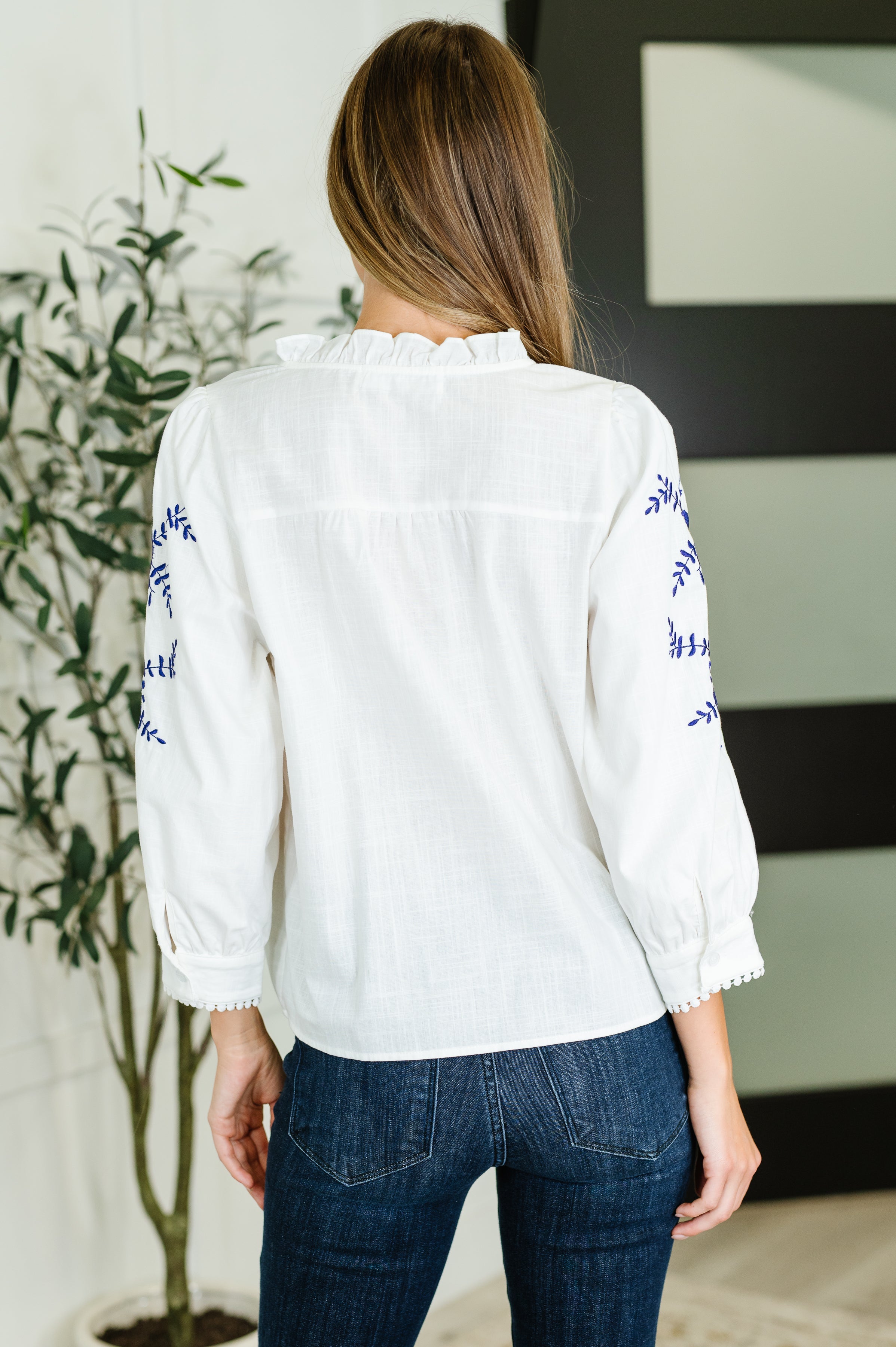 PREORDER: Machine Embroidered Details Ruffle Neck Blouse Womens Ave Shops- Tilden Co.