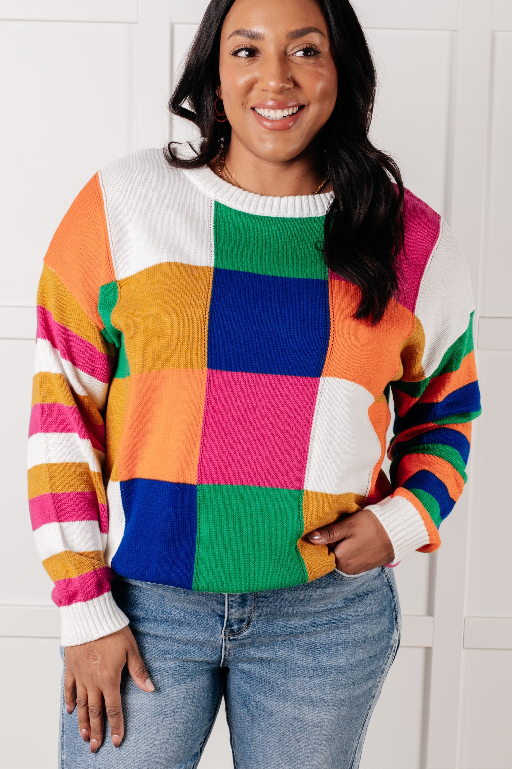 Manifesting Moment Checkered Color Block Sweater Tops Ave Shops- Tilden Co.