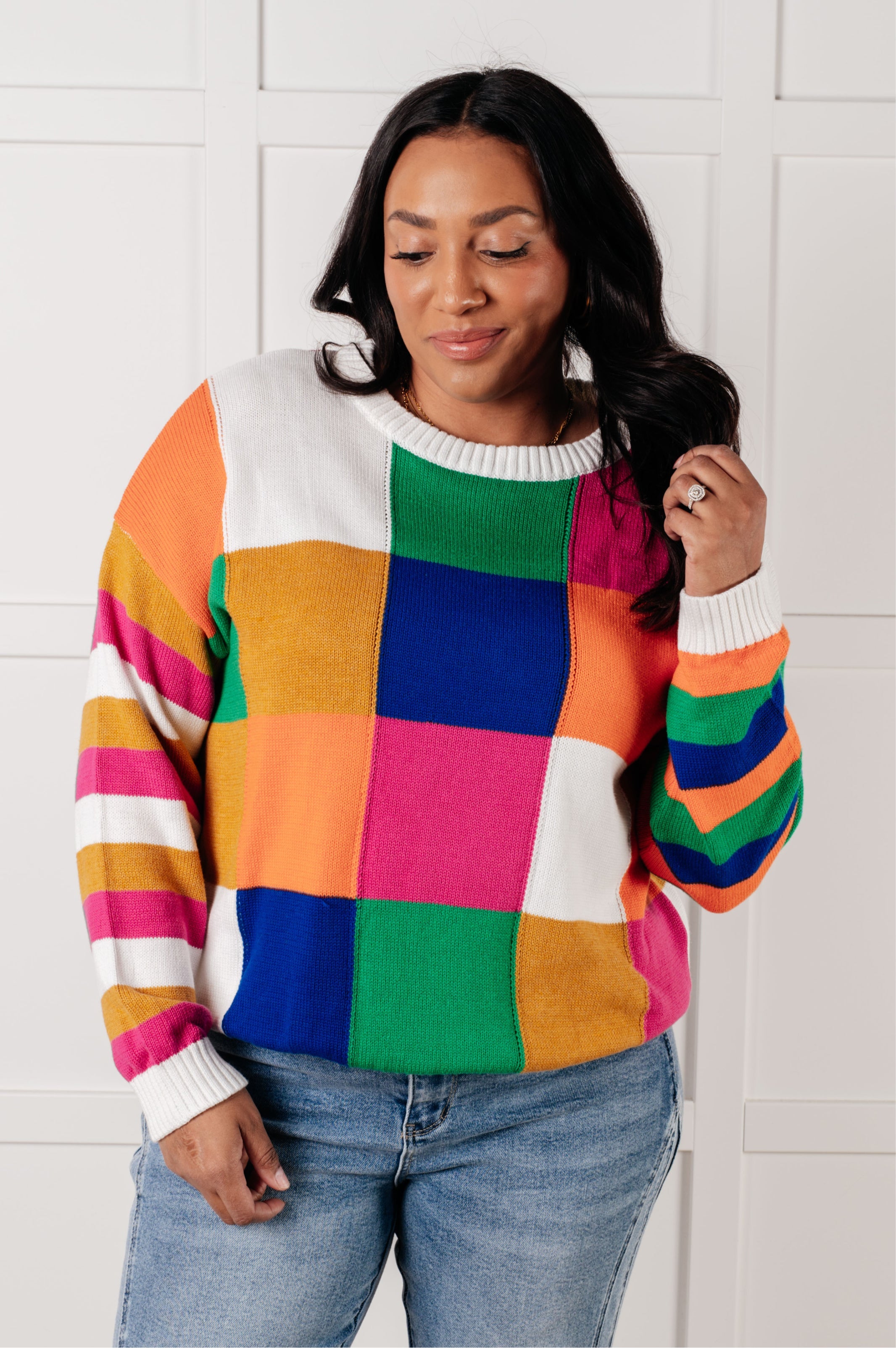 Manifesting Moment Checkered Color Block Sweater Tops Ave Shops- Tilden Co.