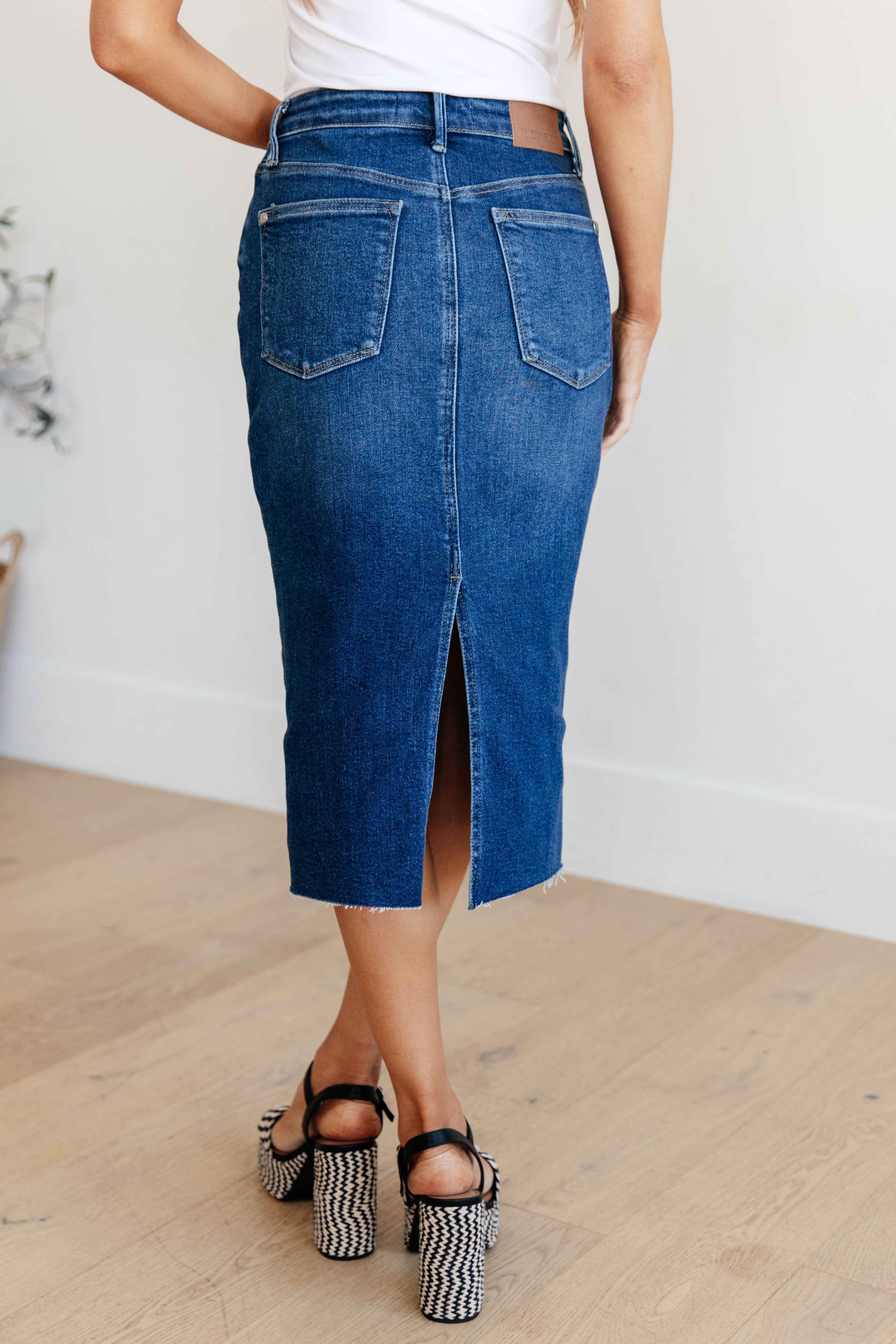 Marcy High Rise Denim Midi Skirt    Denim Ave Shops- Tilden Co.