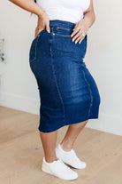 Marcy High Rise Denim Midi Skirt    Denim Ave Shops- Tilden Co.