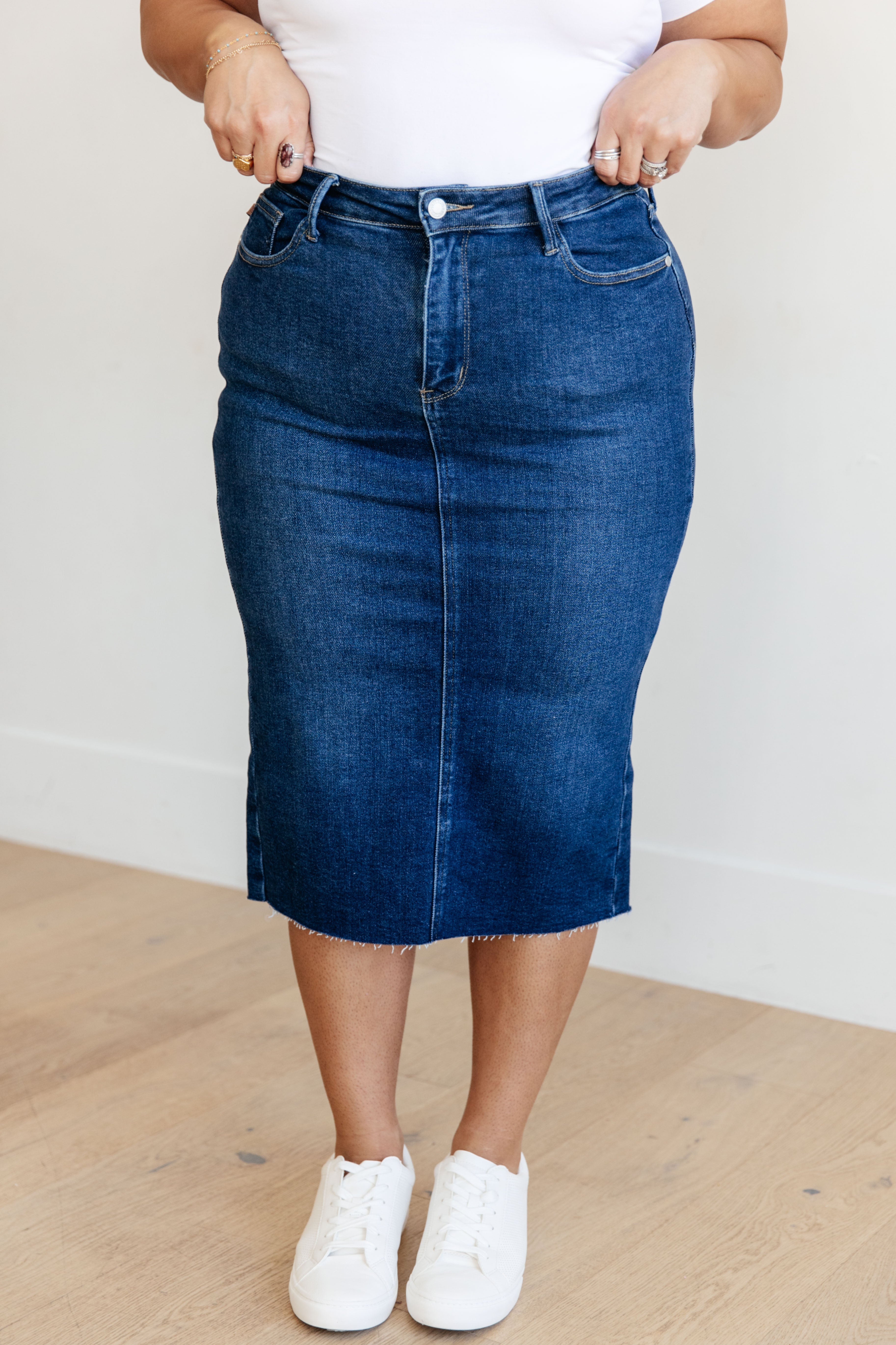 Marcy High Rise Denim Midi Skirt    Denim Ave Shops- Tilden Co.