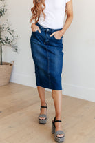 Marcy High Rise Denim Midi Skirt    Denim Ave Shops- Tilden Co.