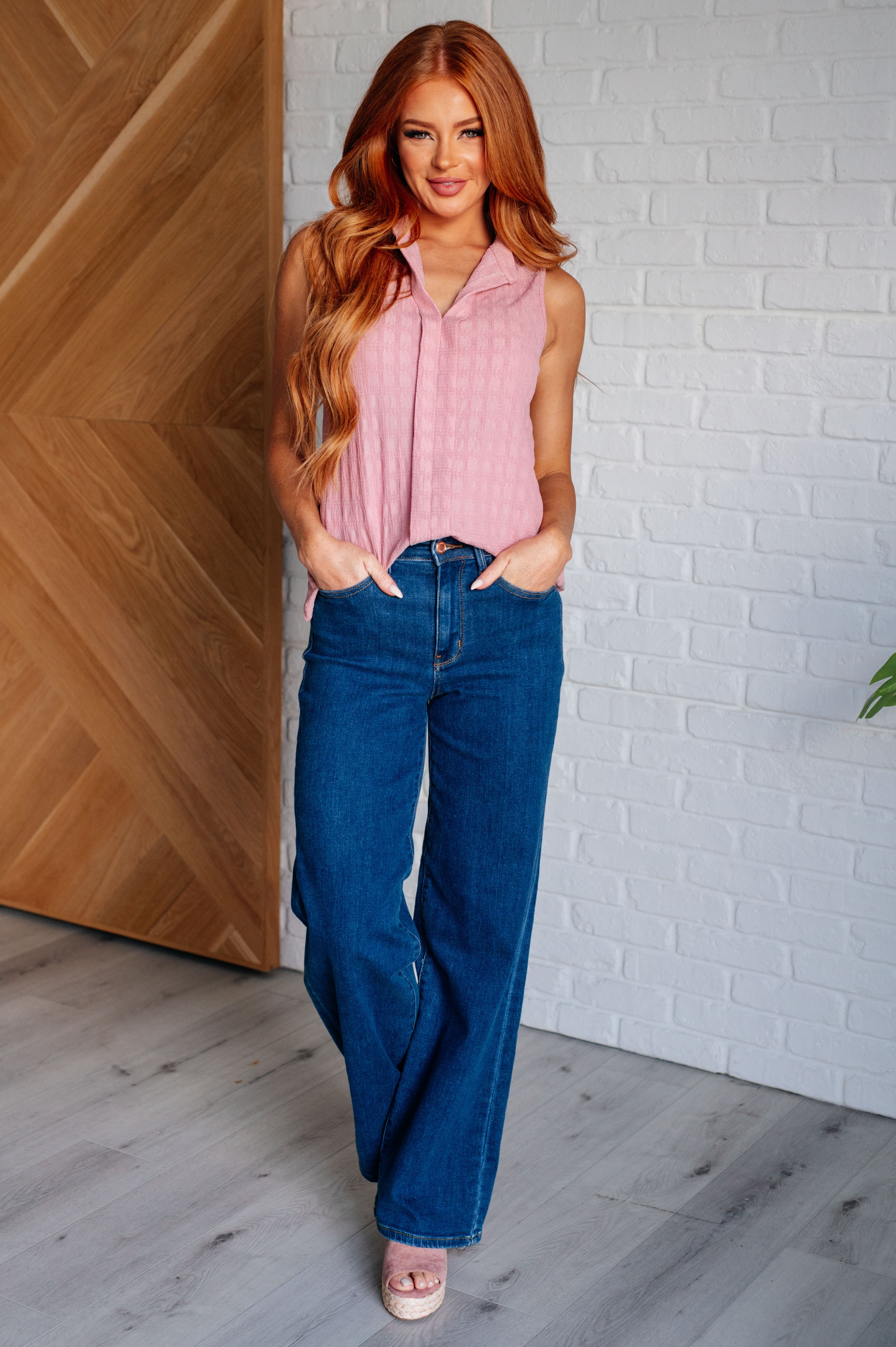 Matter of Fact Pleat Front Sleeveless Blouse in Pink    Blouses Ave Shops- Tilden Co.