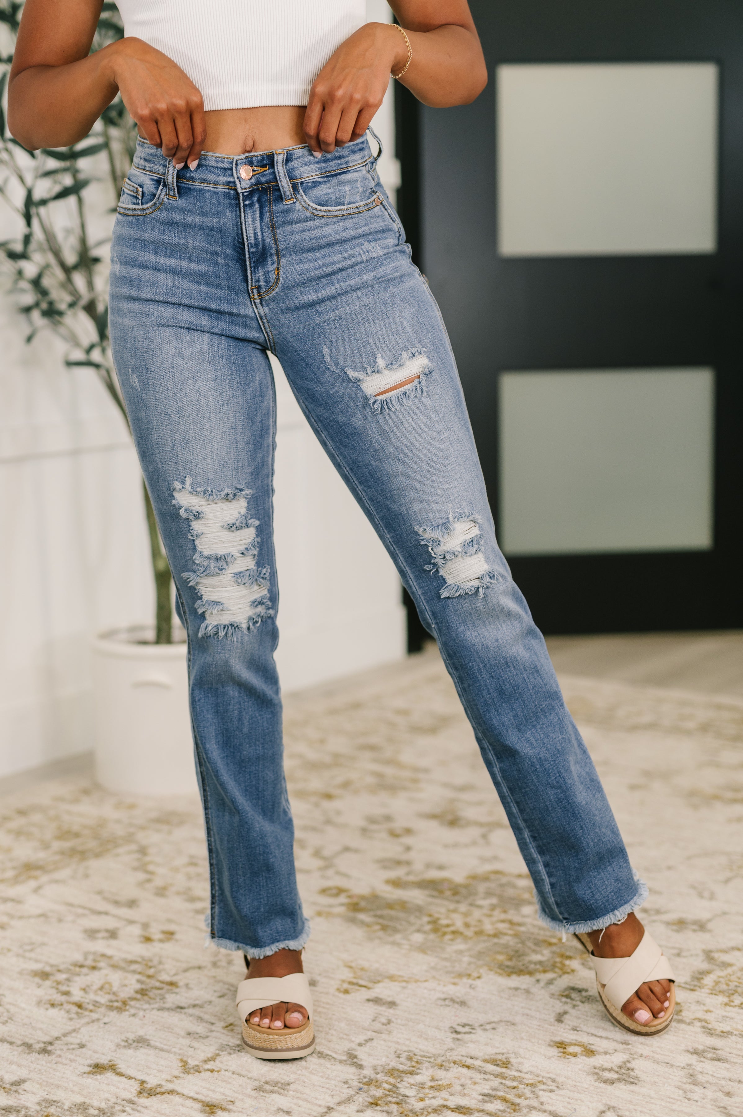 Maureen High Rise Distressed Bootcut Jeans Womens Ave Shops- Tilden Co.