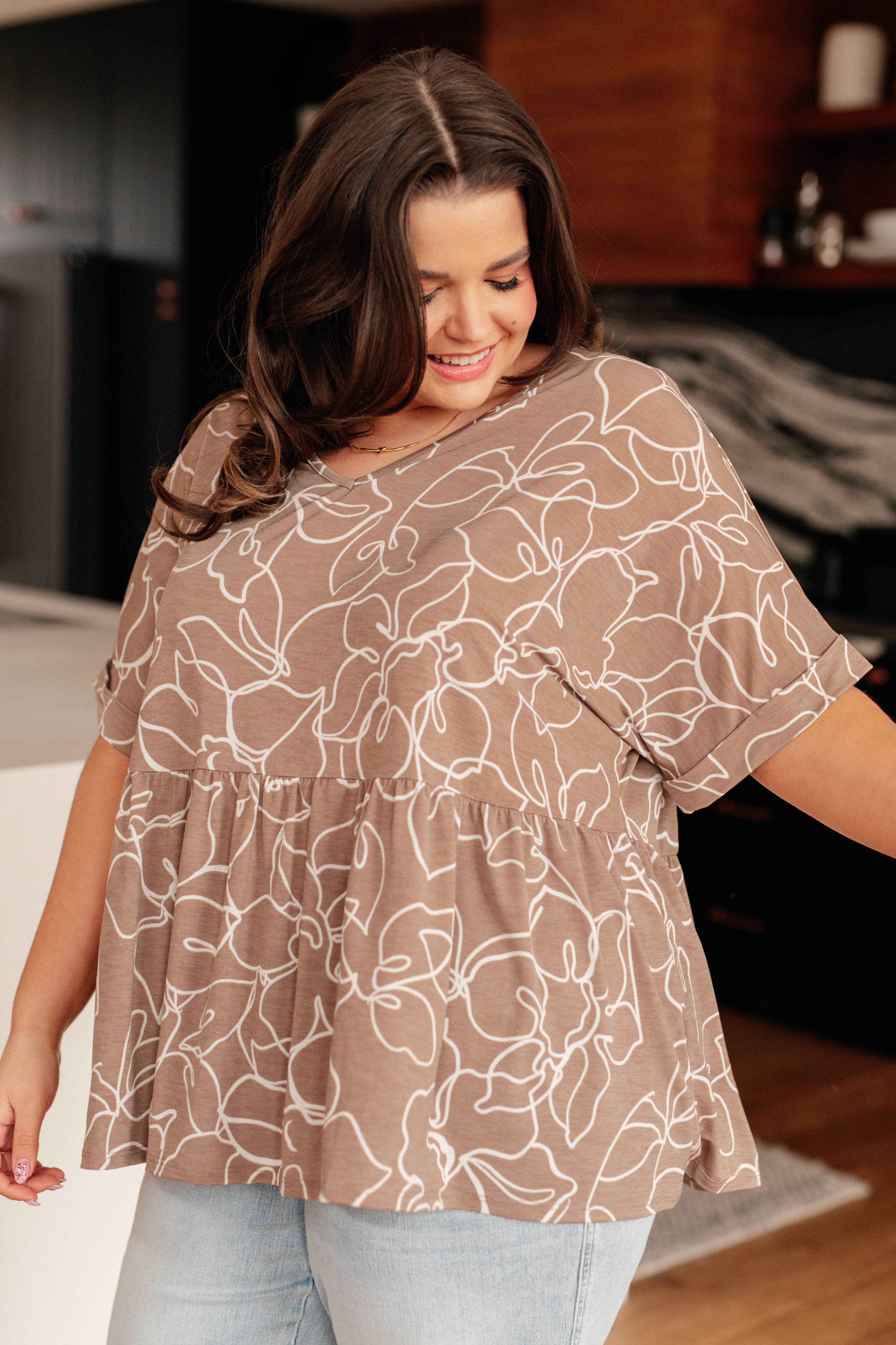 Mocha Petals V-Neck Top    Tops Ave Shops- Tilden Co.