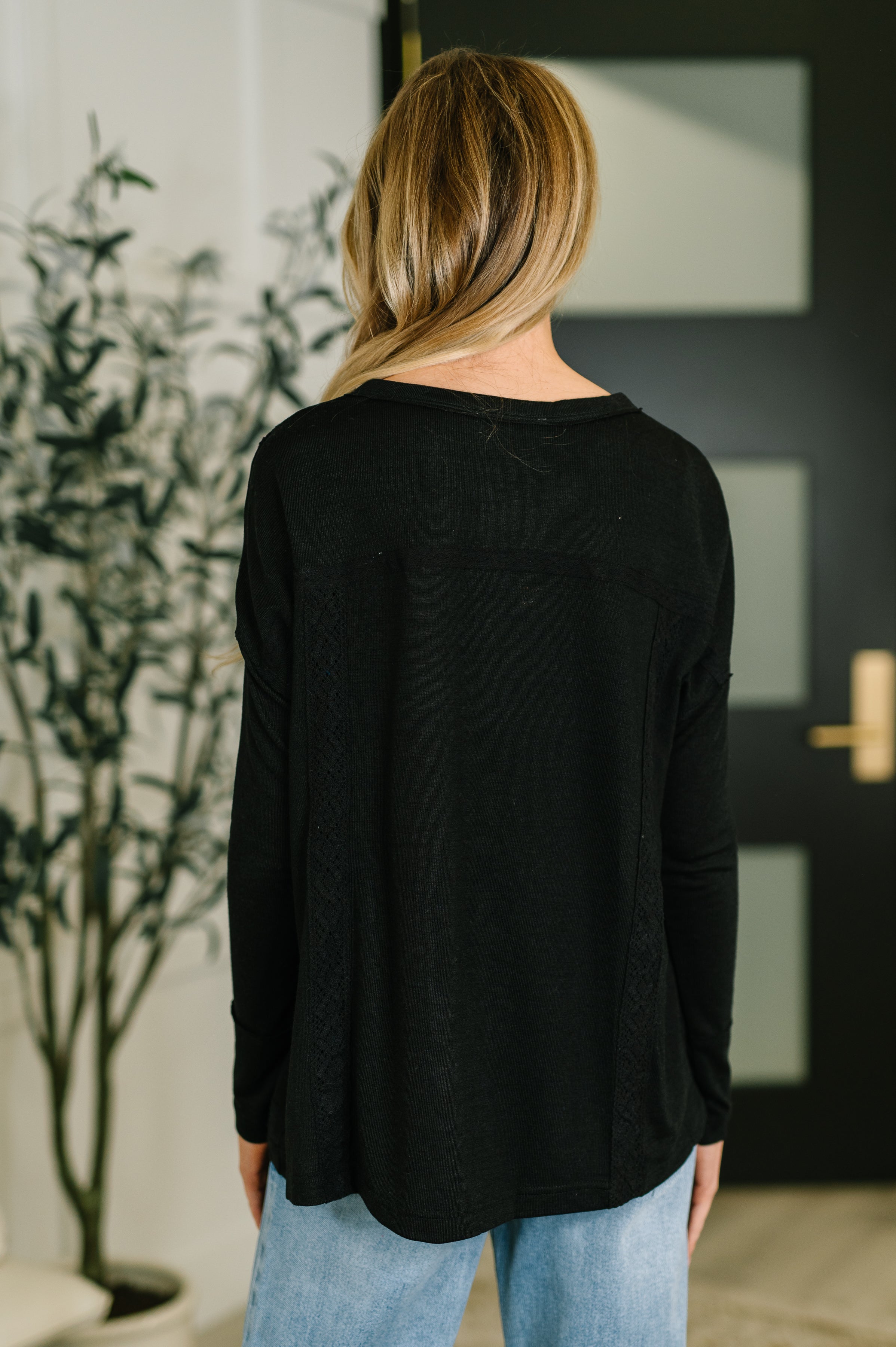 Never Been So Sure Lace Accent Henley Top in Black Womens Ave Shops- Tilden Co.