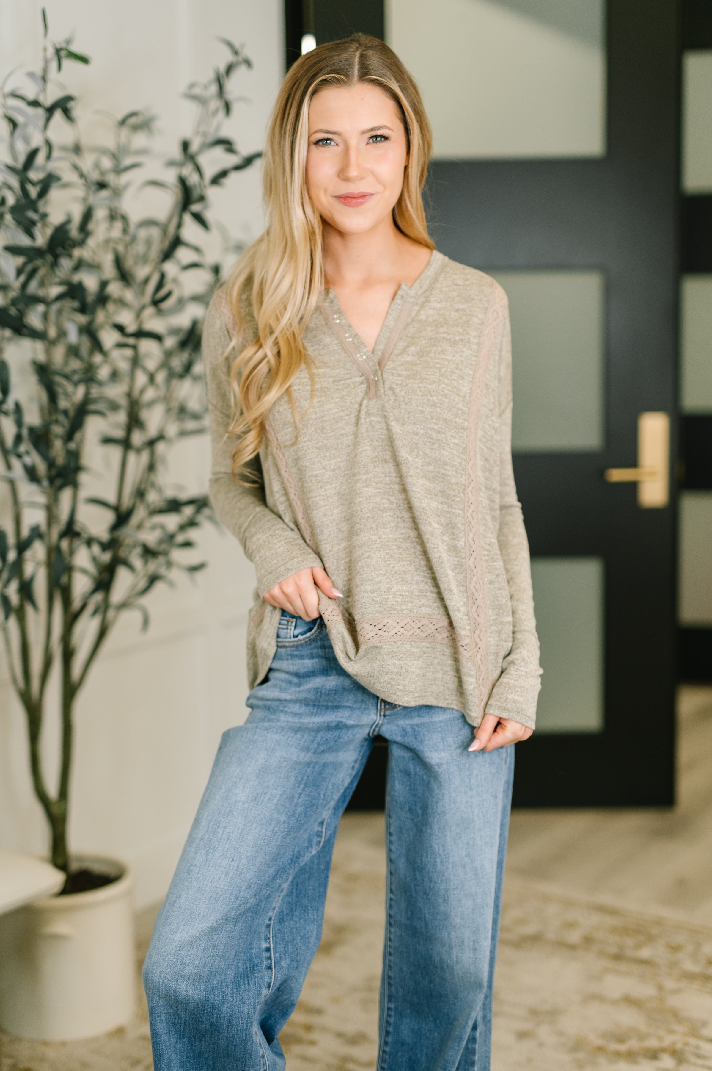 Never Been So Sure Lace Accent Henley Top in Taupe Womens Ave Shops- Tilden Co.