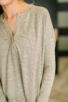Never Been So Sure Lace Accent Henley Top in Taupe Womens Ave Shops- Tilden Co.
