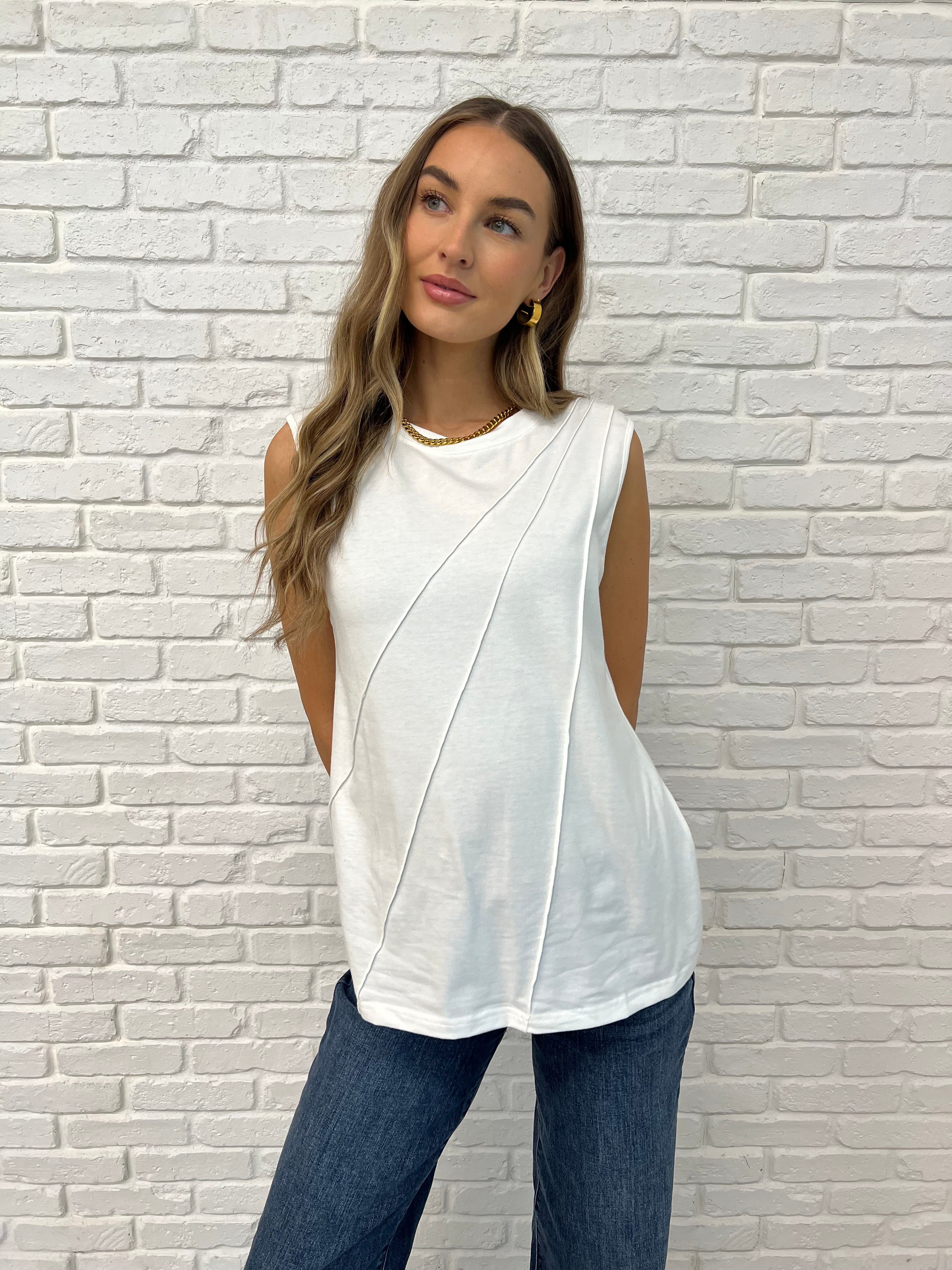New Normal Pleat Detail Sleeveless Top in White Womens Ave Shops- Tilden Co.