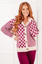 No Brainer Button Down Sweater Knit Cardigan in Magenta/Oatmeal Layers Ave Shops- Tilden Co.