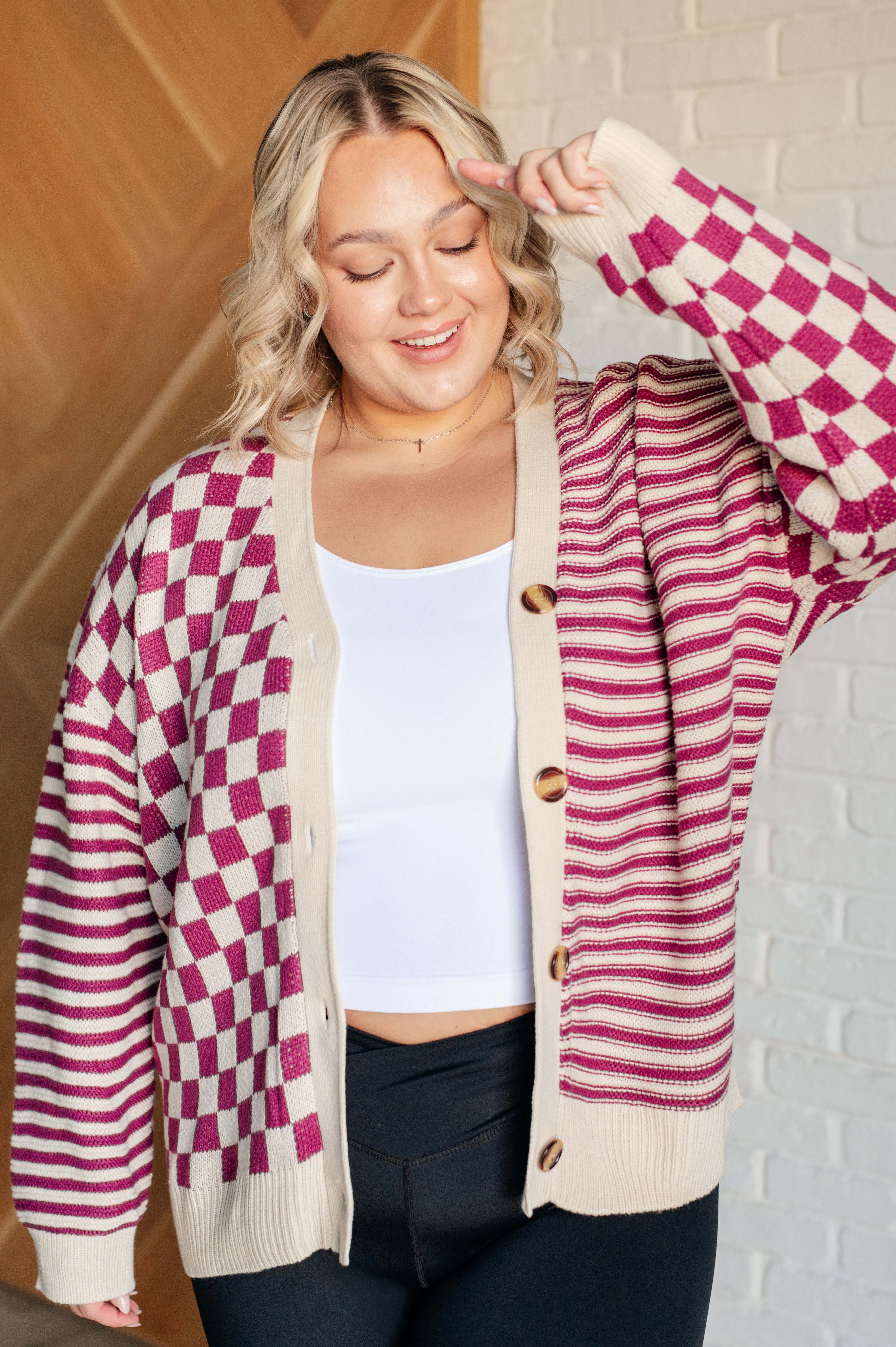 No Brainer Button Down Sweater Knit Cardigan in Magenta/Oatmeal Layers Ave Shops- Tilden Co.