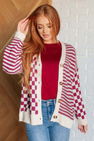 No Brainer Button Down Sweater Knit Cardigan in Magenta/Oatmeal Layers Ave Shops- Tilden Co.