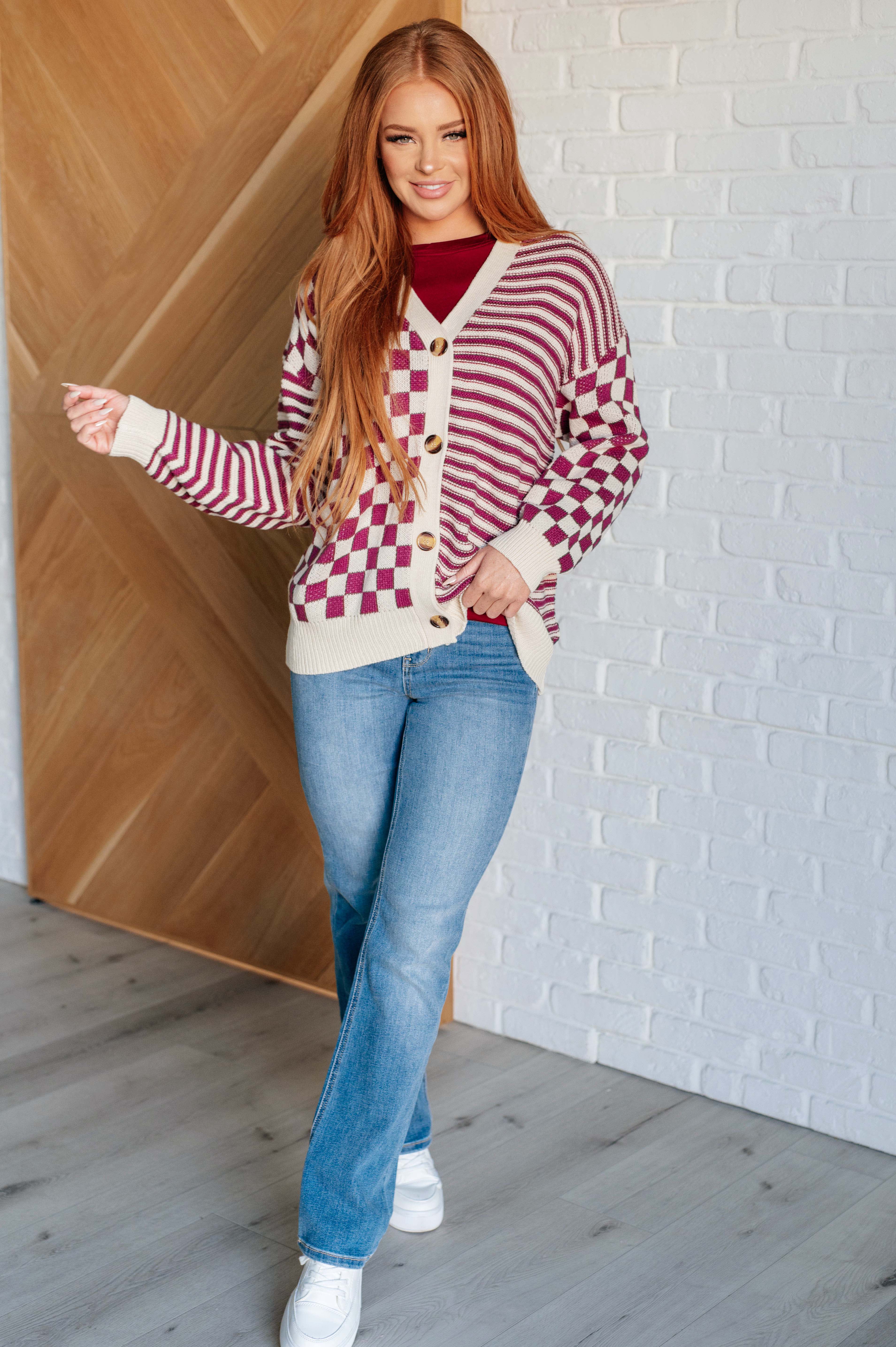 No Brainer Button Down Sweater Knit Cardigan in Magenta/Oatmeal Layers Ave Shops- Tilden Co.