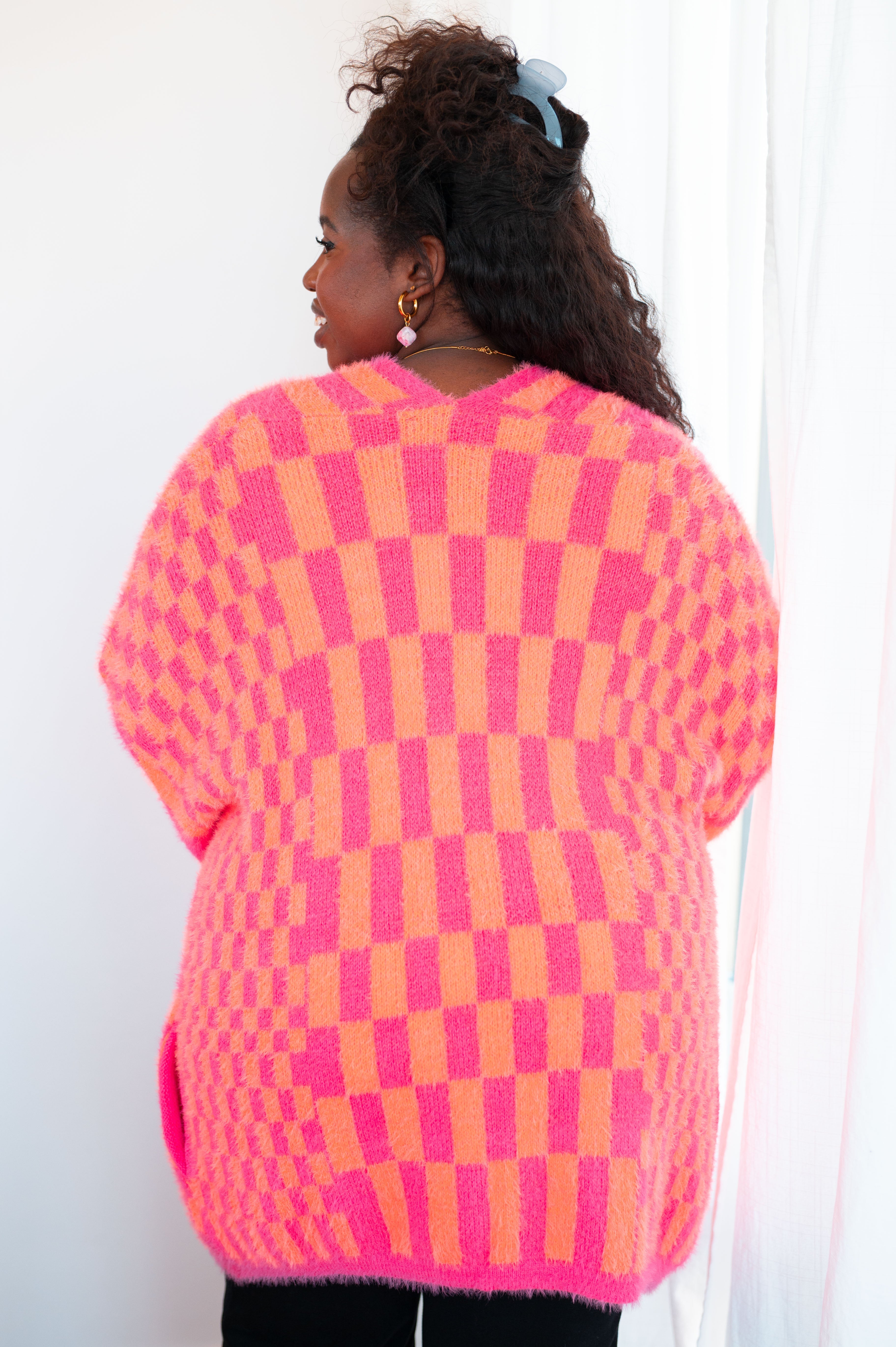 Noticed in Neon Checkered Cardigan in Pink and Orange    Layers Ave Shops- Tilden Co.