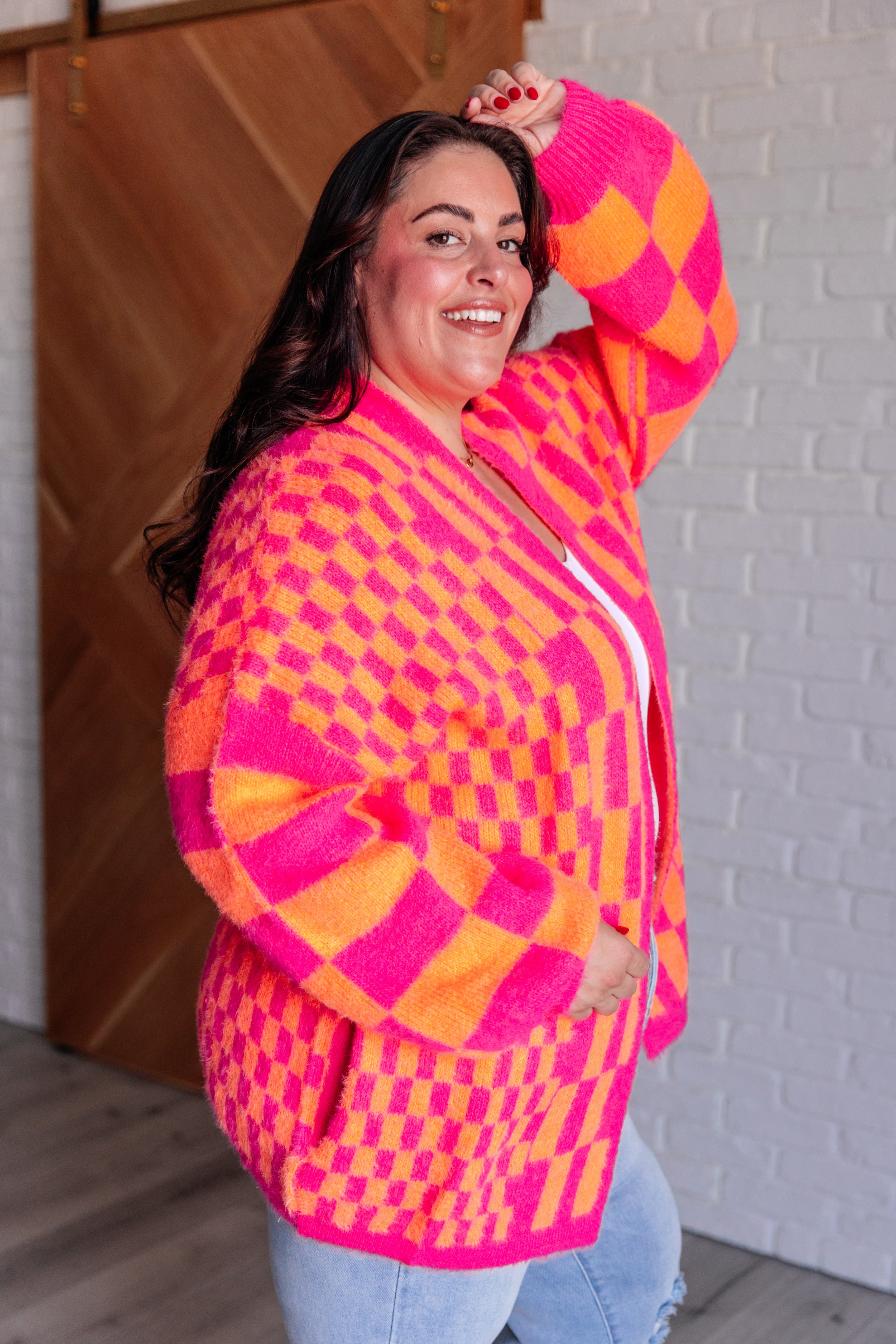 Noticed in Neon Checkered Cardigan in Pink and Orange    Layers Ave Shops- Tilden Co.