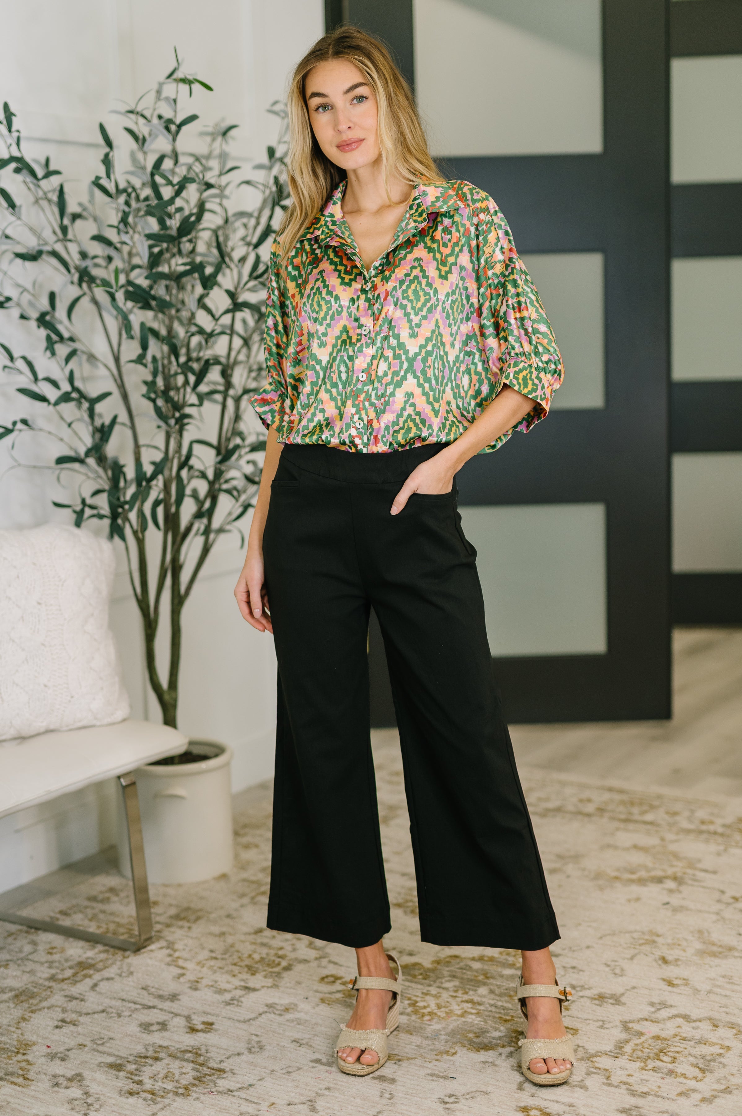 Optical Illusion Button Up Blouse Blouse Ave Shops- Tilden Co.
