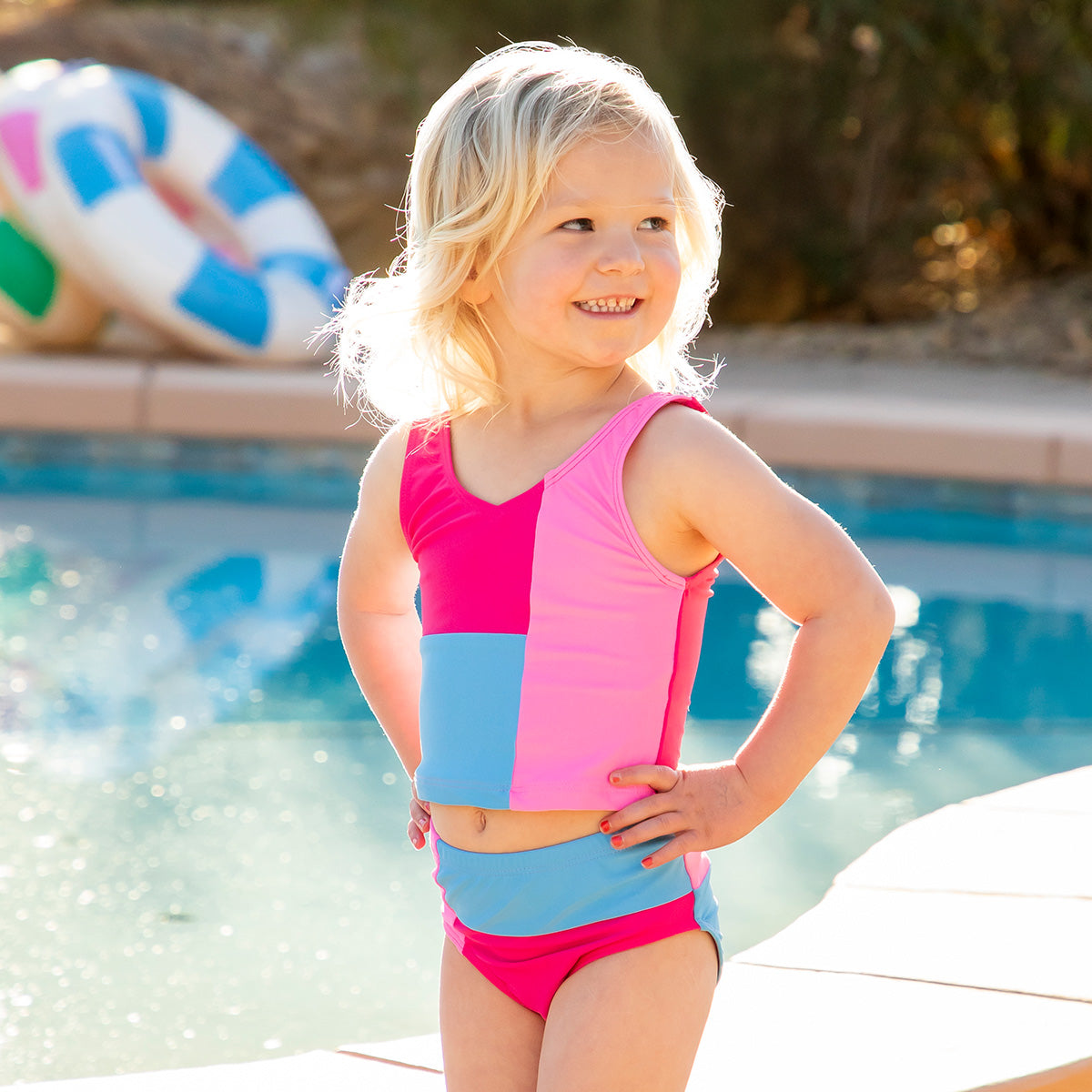 V Neck Tankini Top (Girls) Fuchsia Color Block / 2T Fuchsia Color Block 2T Swim Top Janela Bay- Tilden Co.