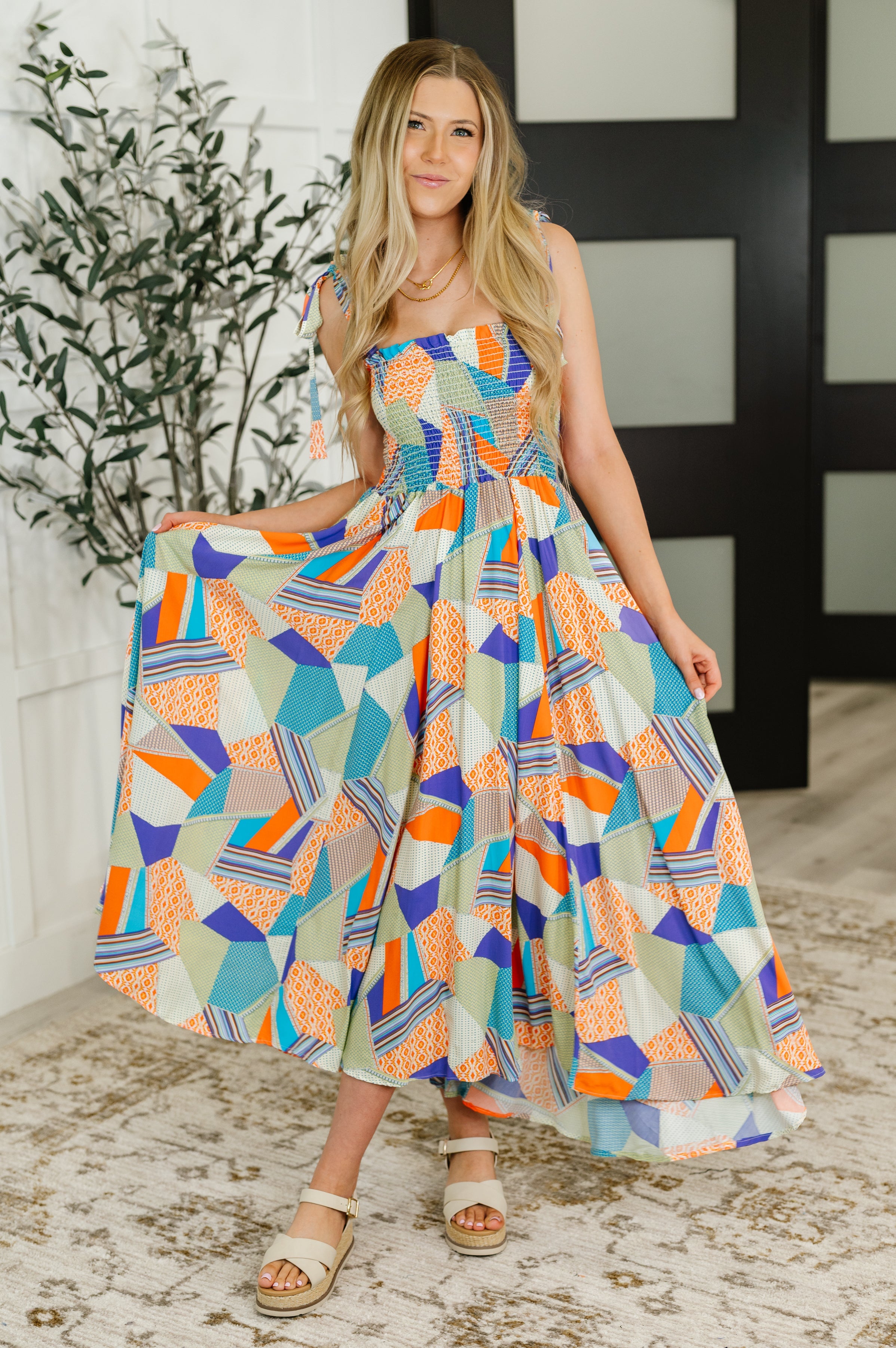 Paint Me Pretty Square Neck Dress in Lime, Blue and Tangerine Womens Ave Shops- Tilden Co.
