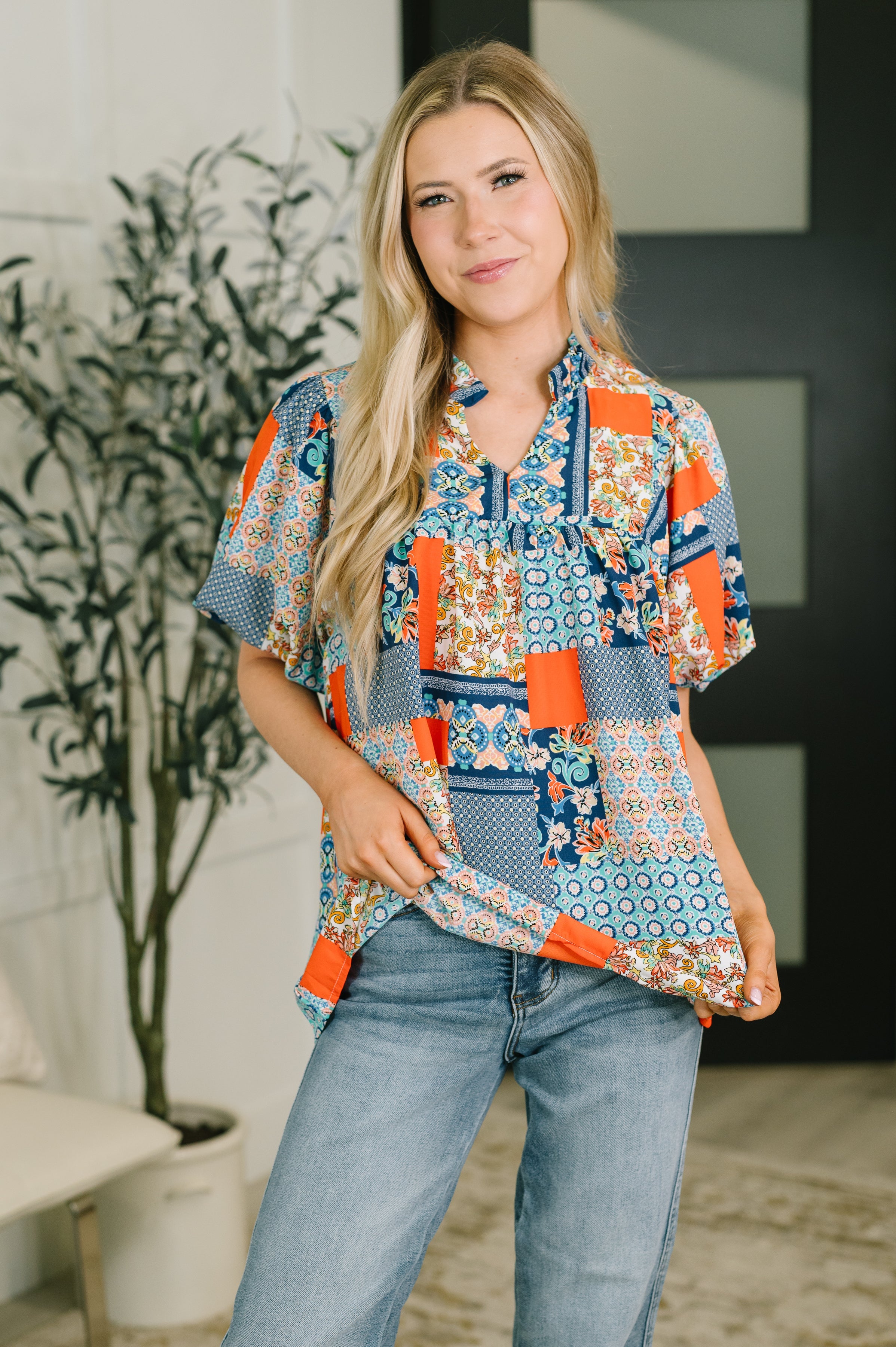 Pardon Me Patchwork Puff Sleeve Blouse Womens Ave Shops- Tilden Co.