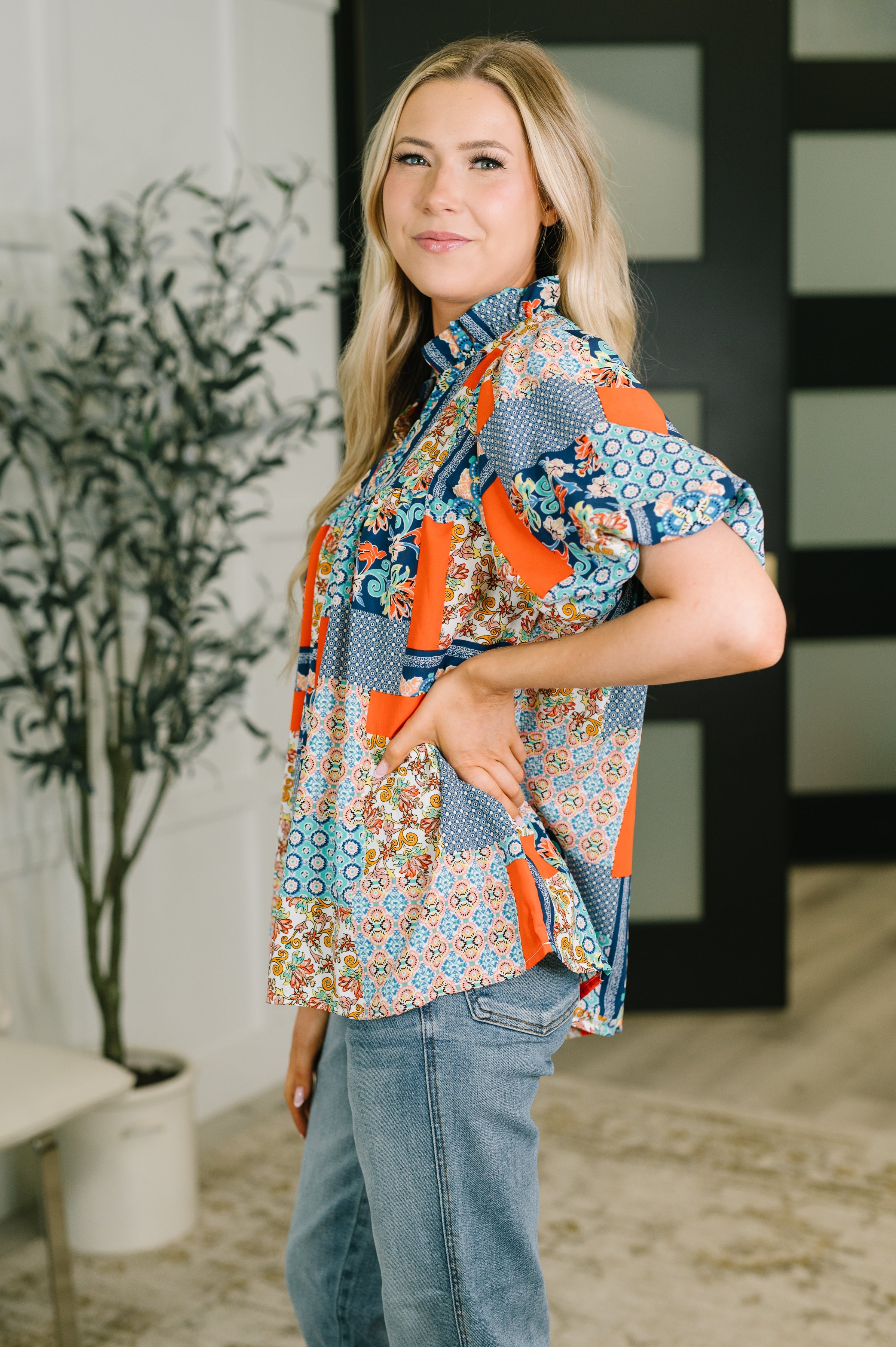 Pardon Me Patchwork Puff Sleeve Blouse Womens Ave Shops- Tilden Co.