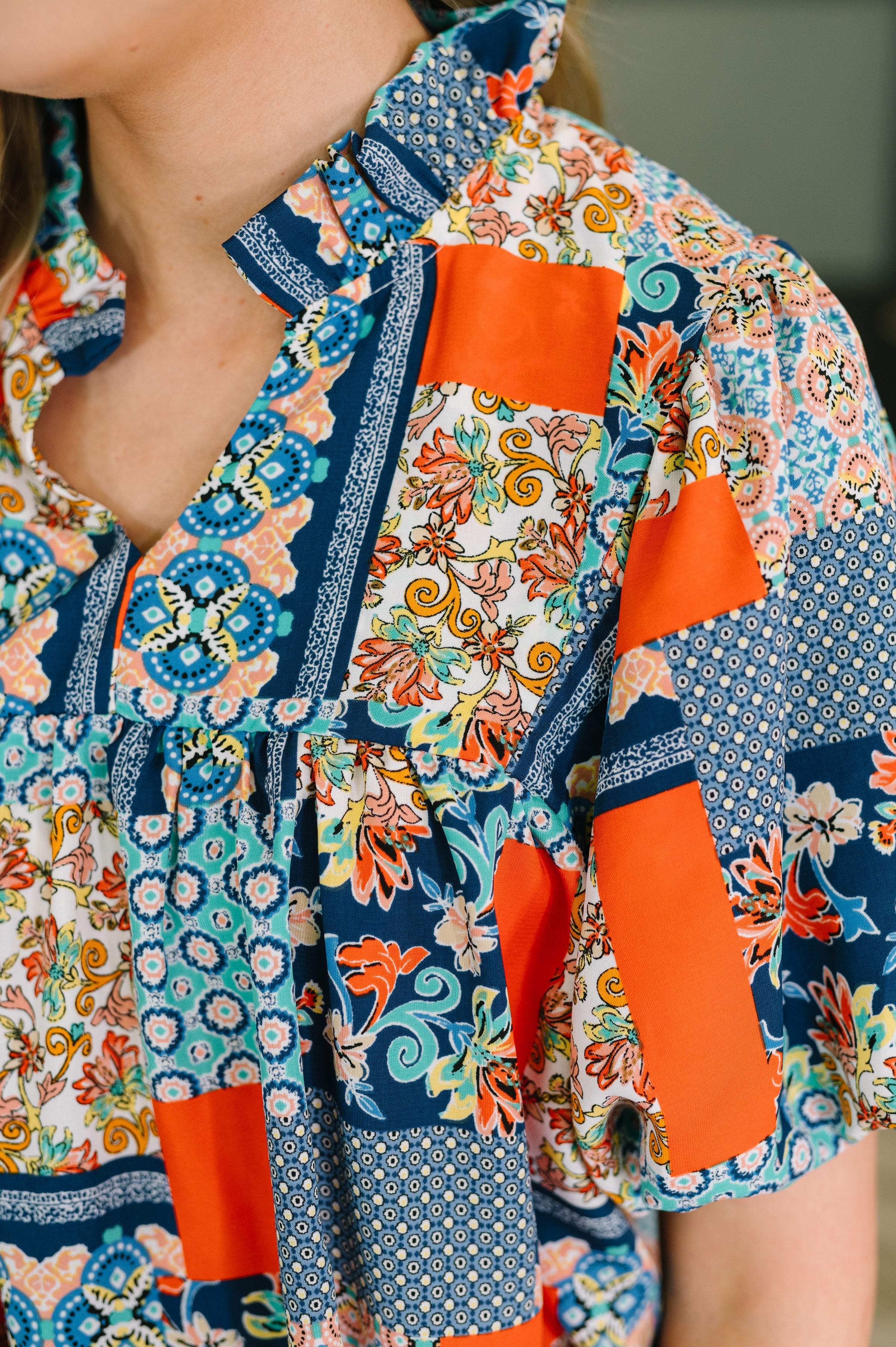 Pardon Me Patchwork Puff Sleeve Blouse Womens Ave Shops- Tilden Co.