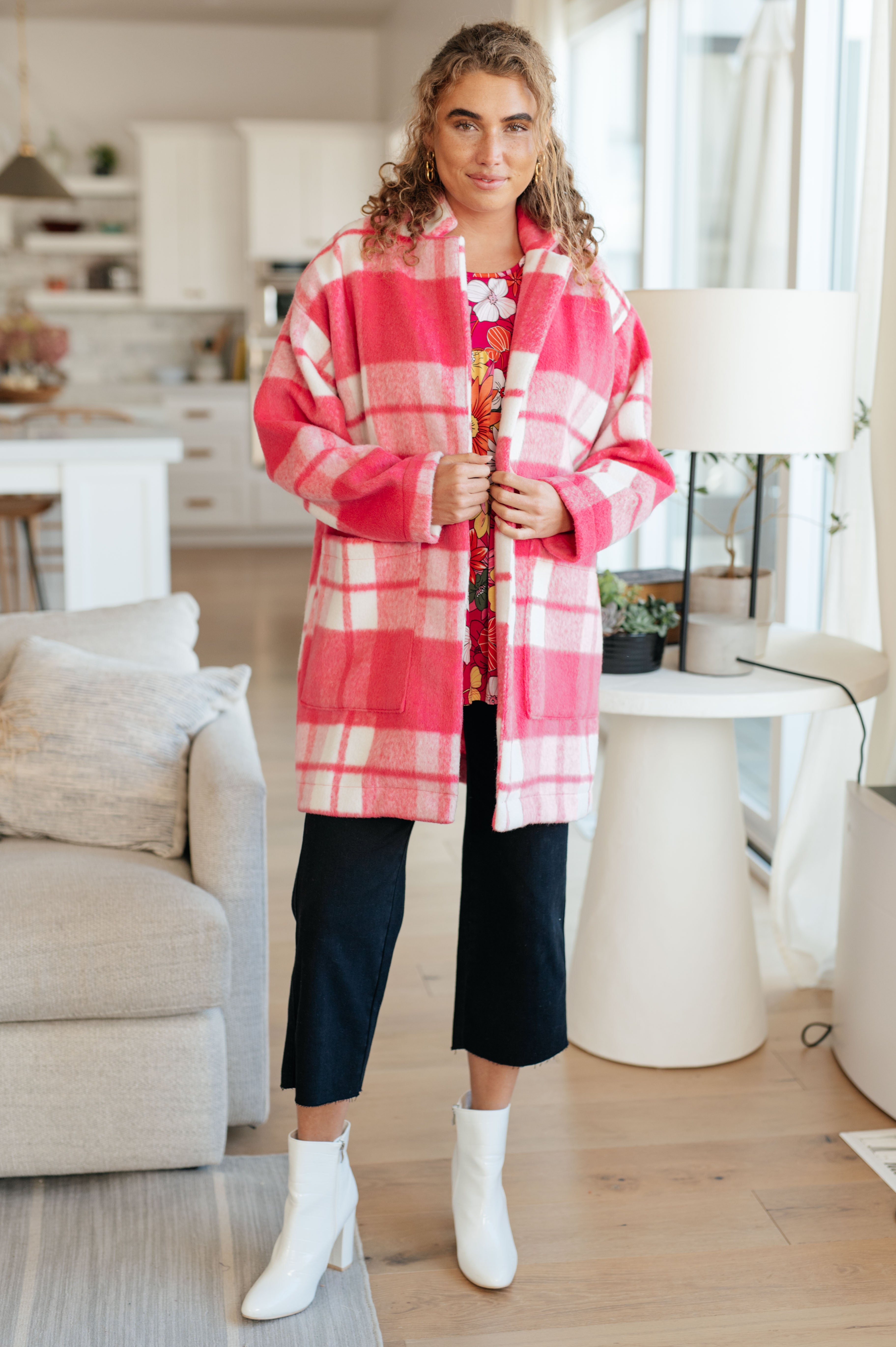 Passion in Plaid Coat in Pink    Layers Ave Shops- Tilden Co.