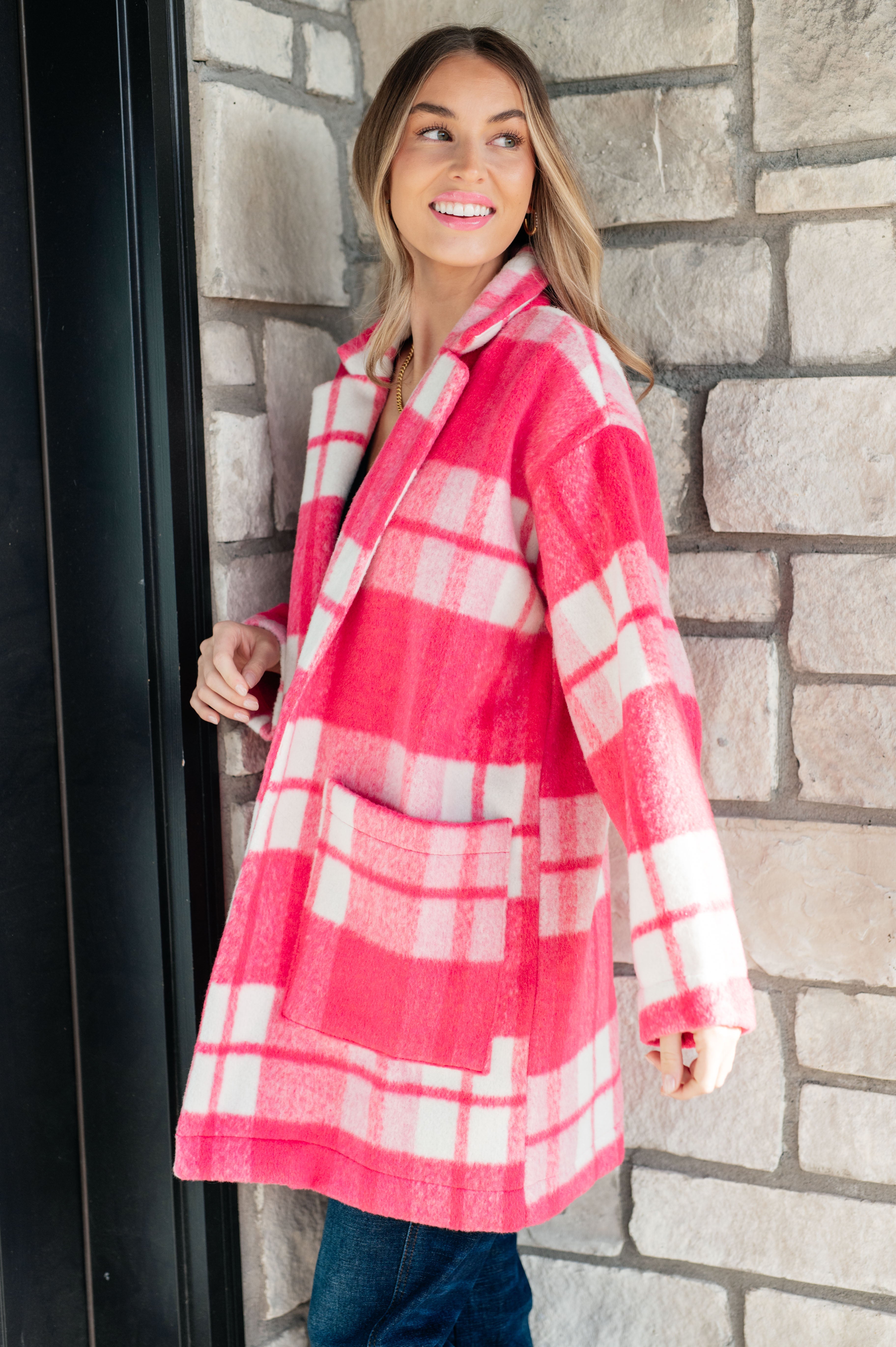 Passion in Plaid Coat in Pink    Layers Ave Shops- Tilden Co.