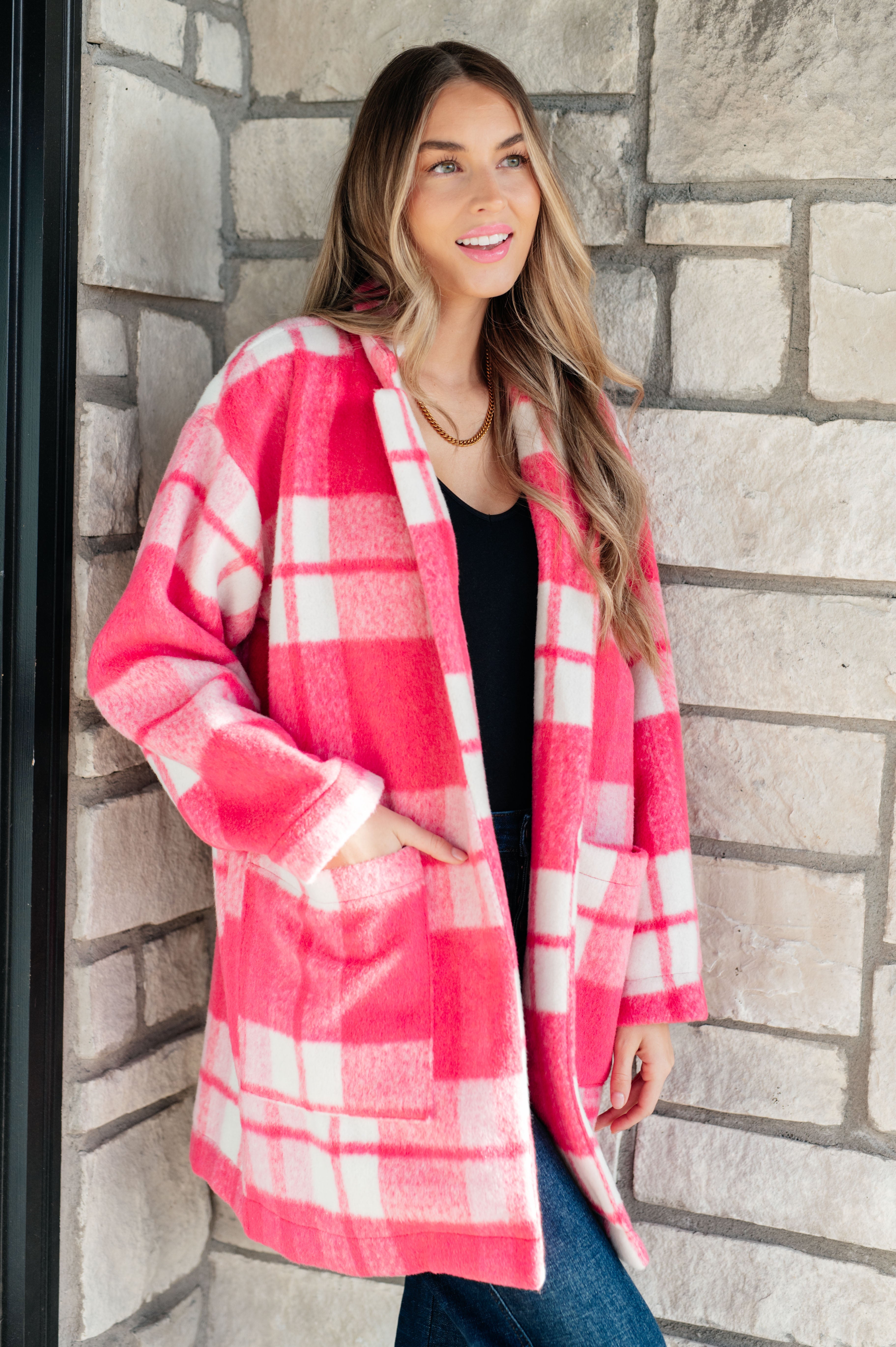 Passion in Plaid Coat in Pink    Layers Ave Shops- Tilden Co.