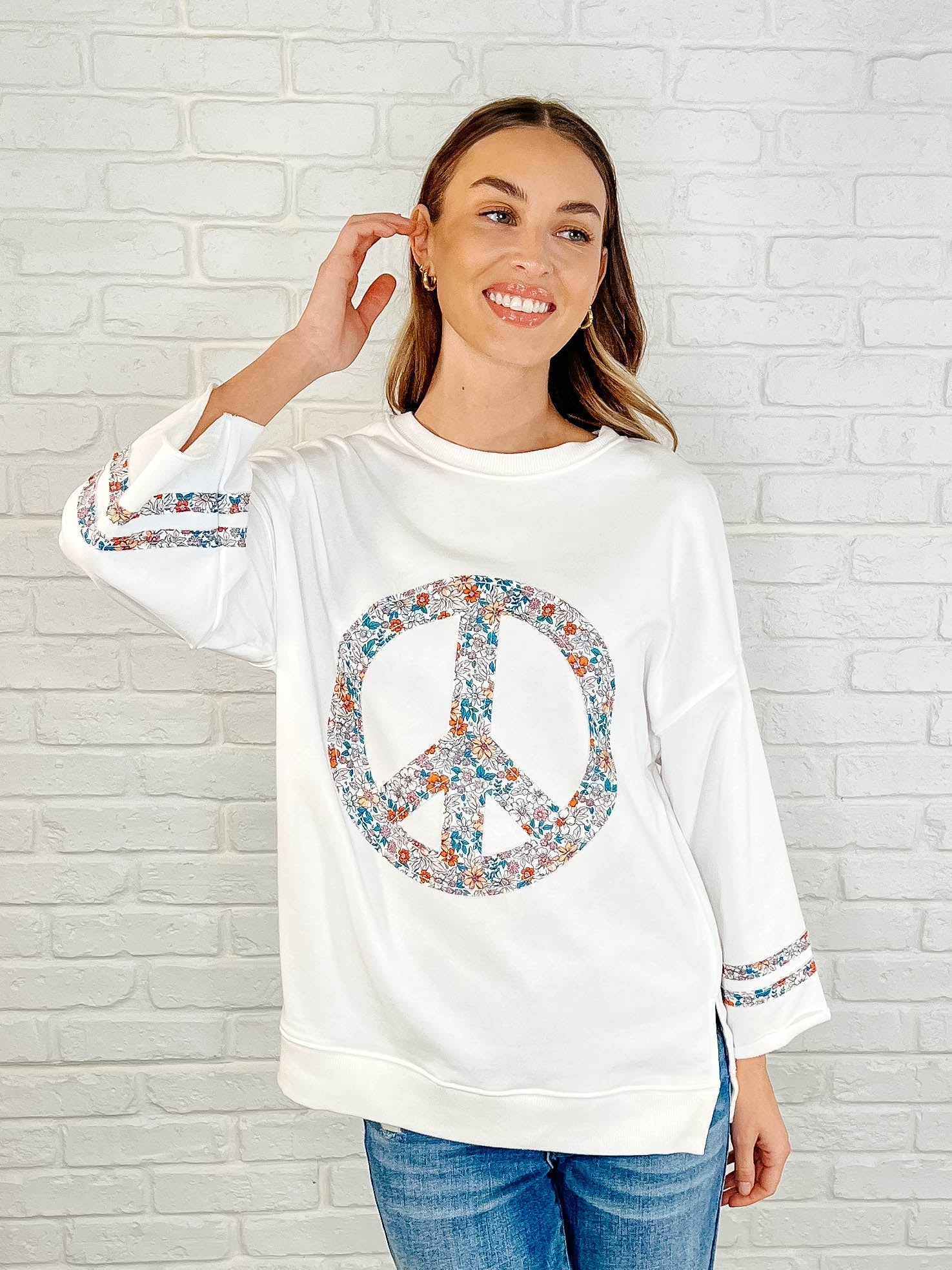 Peace, Love, and Flowers Peace Sign Top Womens Ave Shops- Tilden Co.