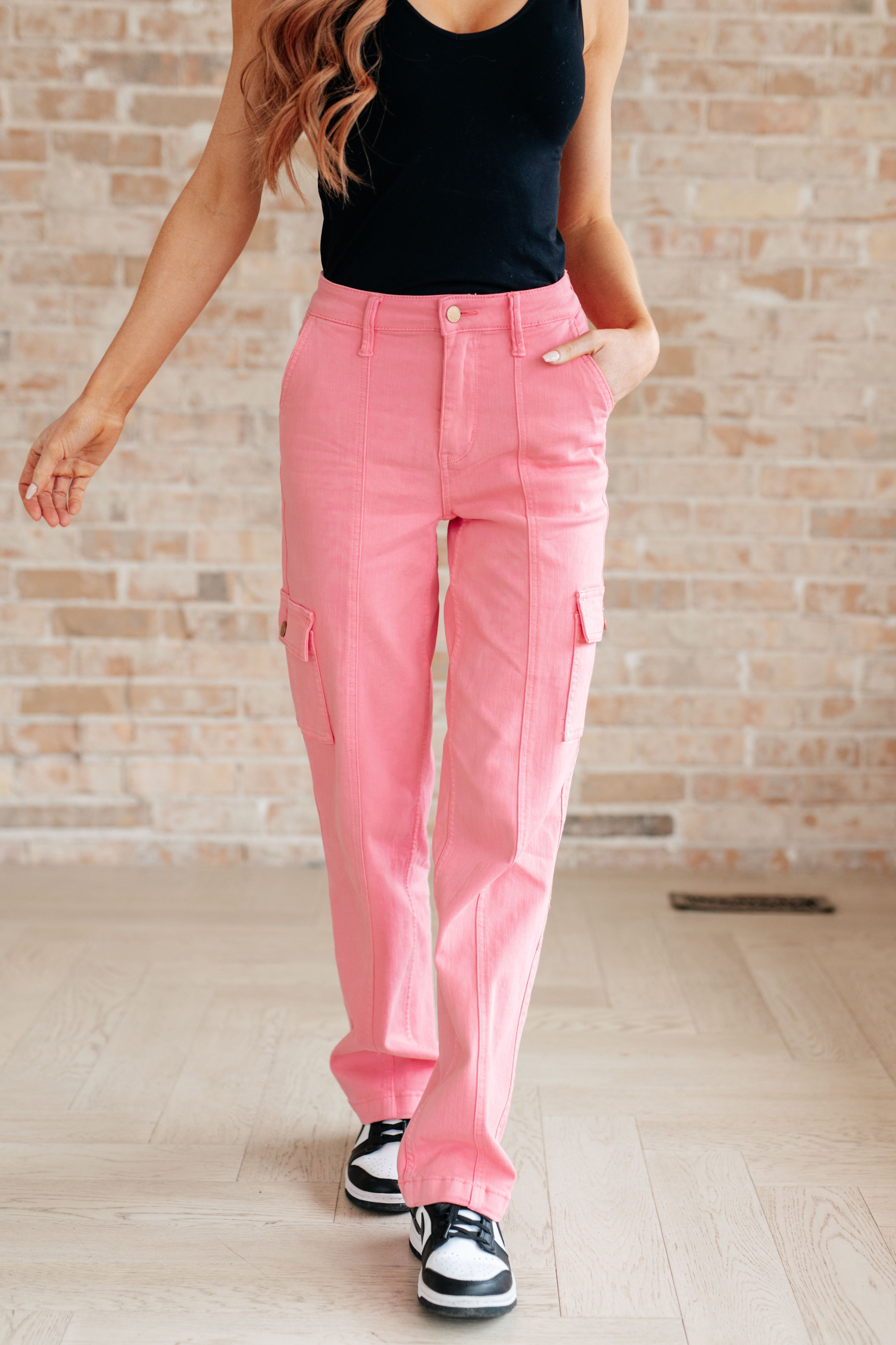 Peggy High Rise Cargo Straight Jeans in Pink    Denim Ave Shops- Tilden Co.