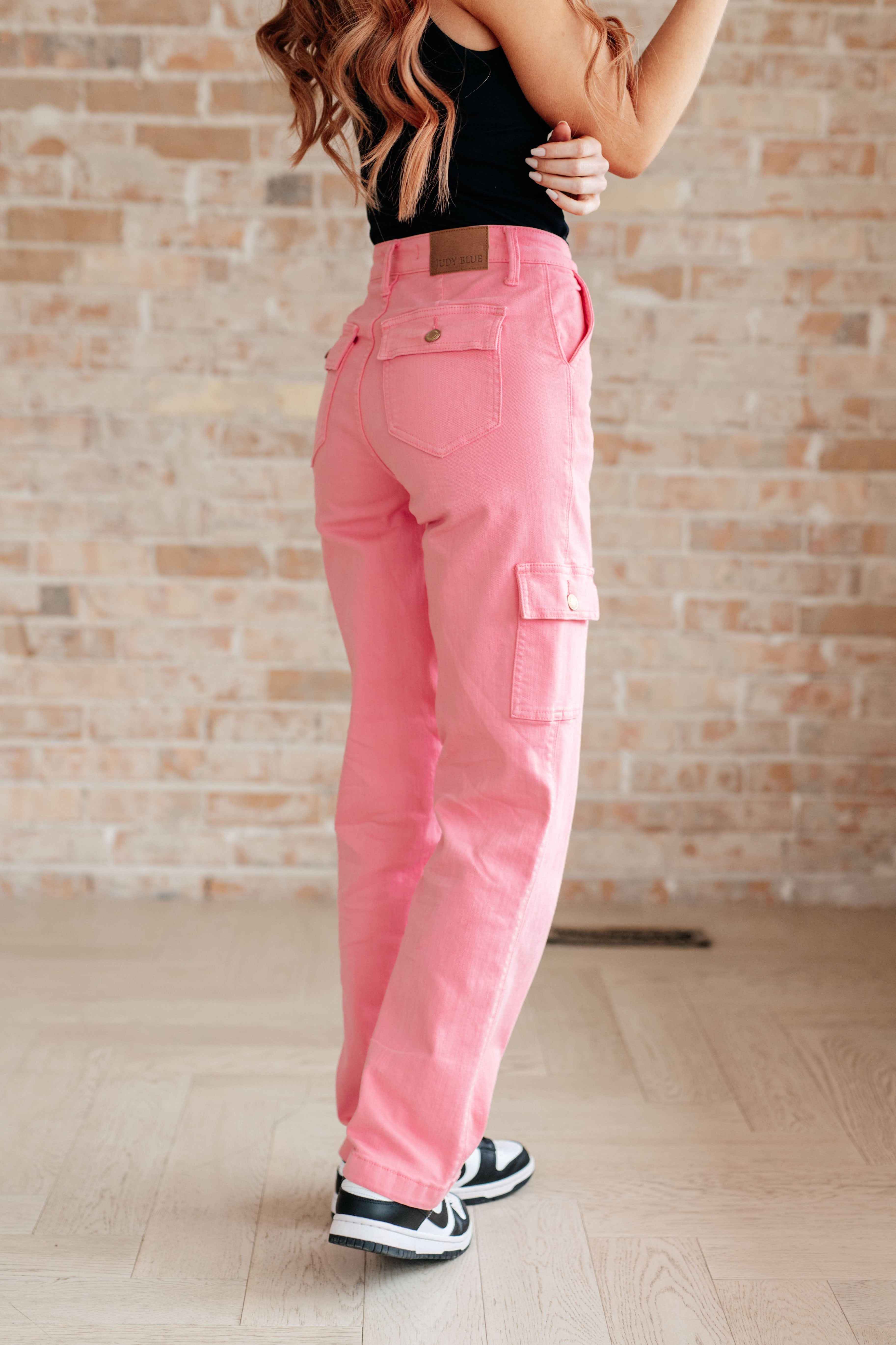 Peggy High Rise Cargo Straight Jeans in Pink    Denim Ave Shops- Tilden Co.