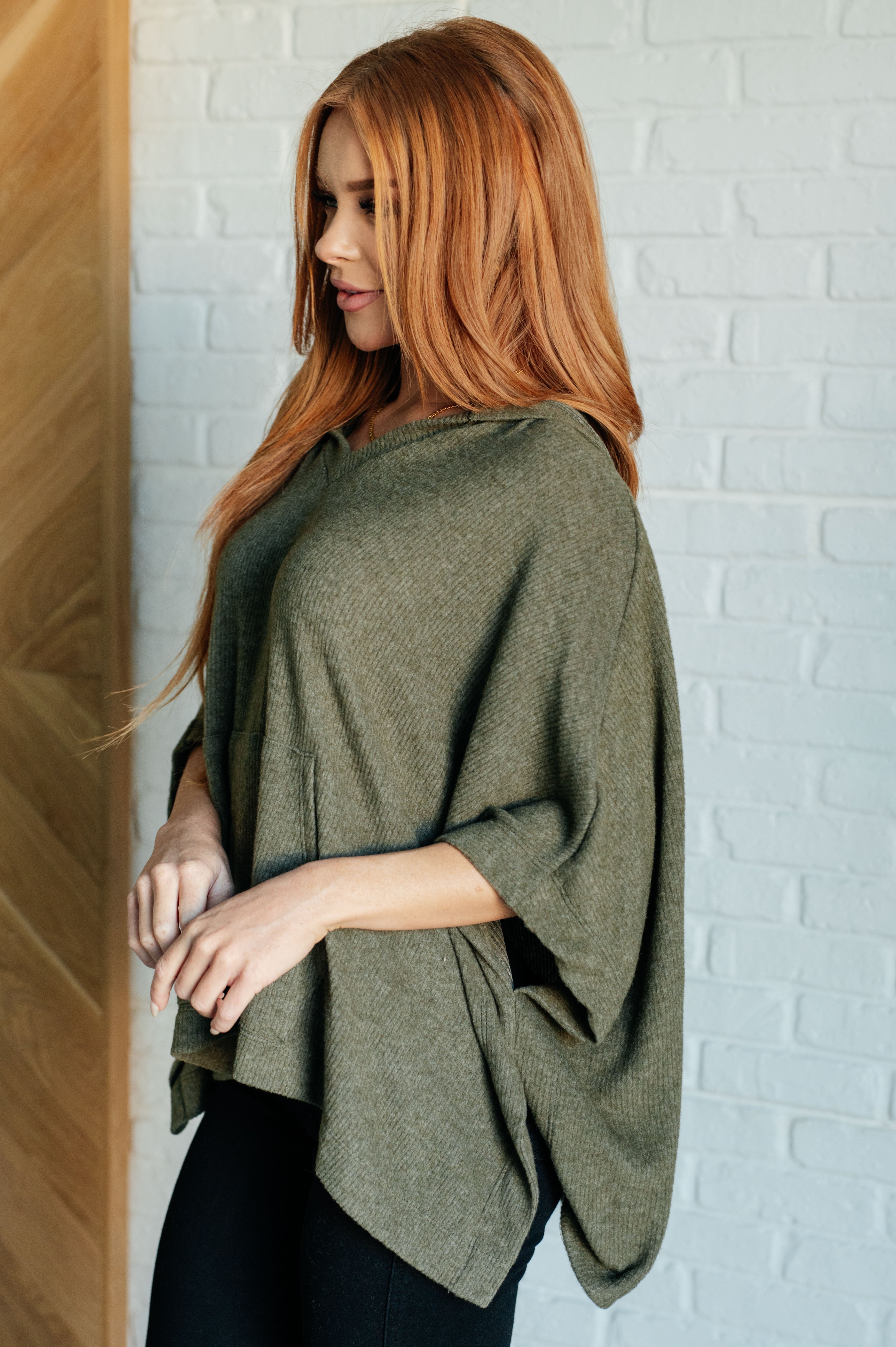 Perfectly Poised Hooded Poncho in Olive Layers Ave Shops- Tilden Co.