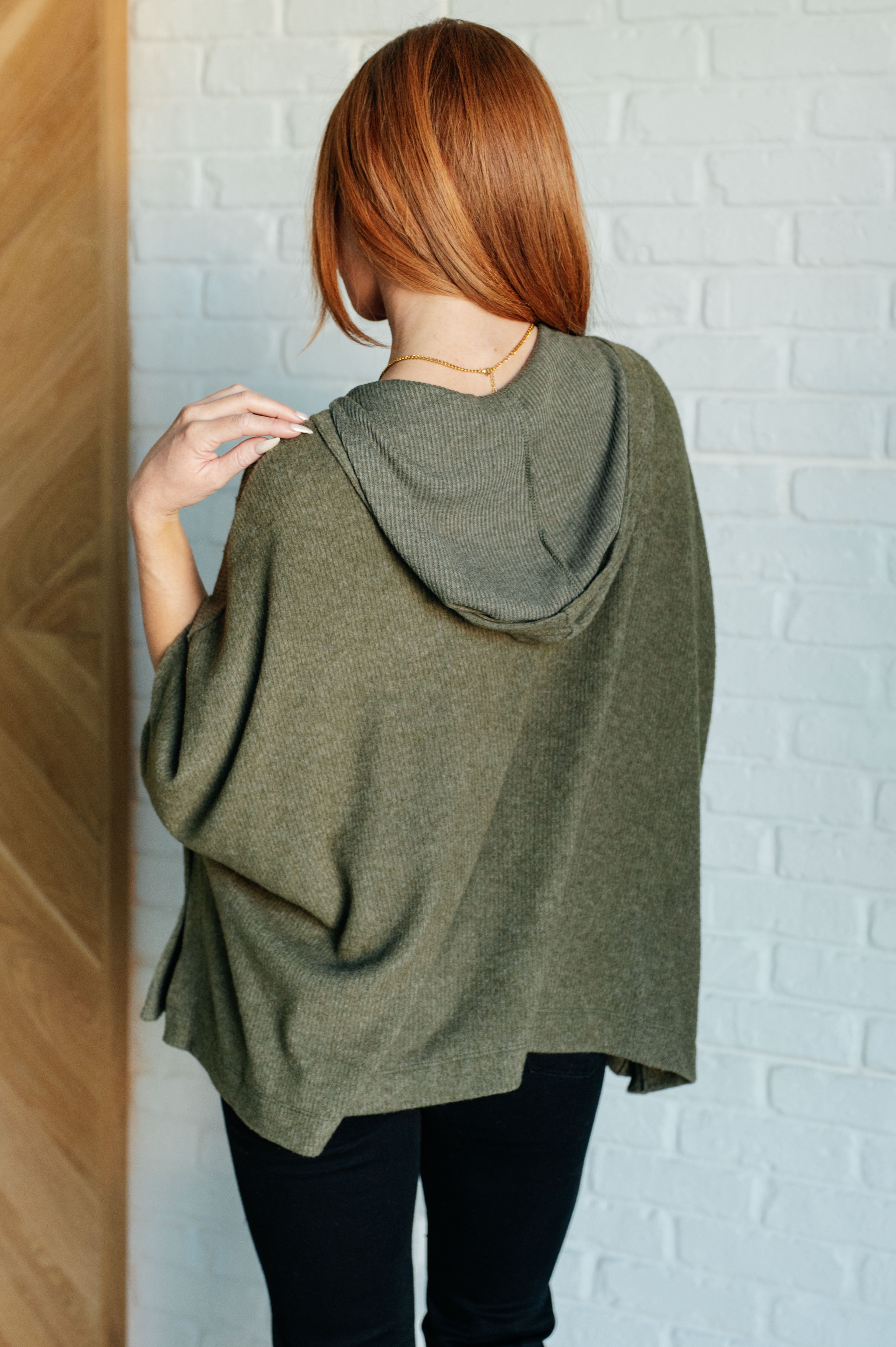 Perfectly Poised Hooded Poncho in Olive Layers Ave Shops- Tilden Co.