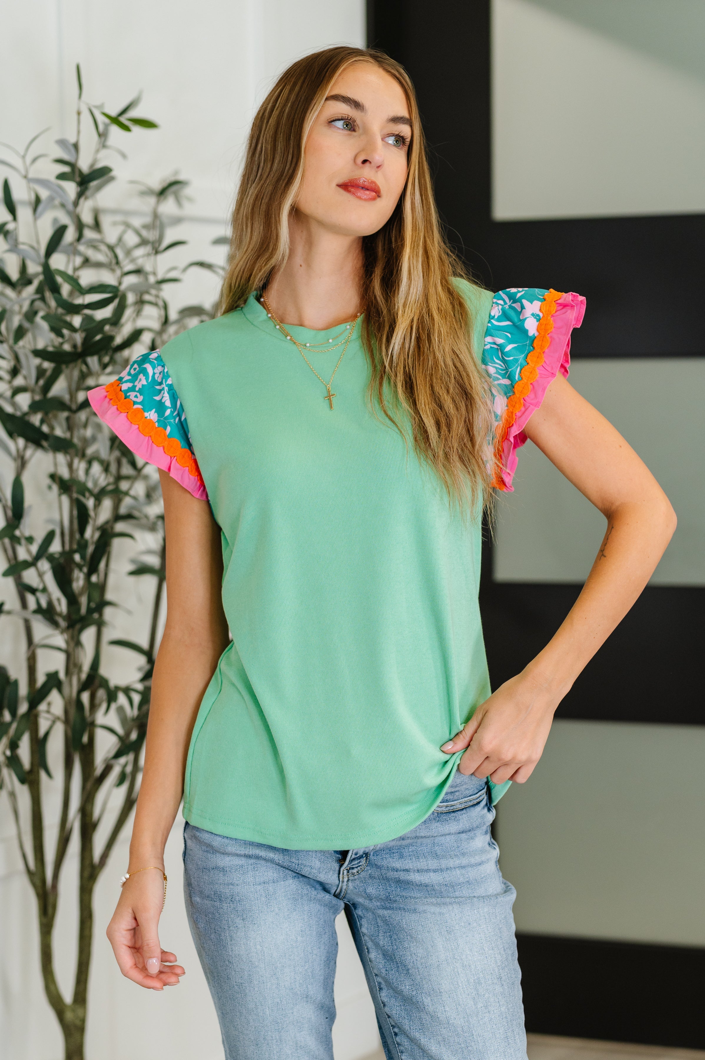 Petals & Poise Floral Flutter Sleeve Top in Green Womens Ave Shops- Tilden Co.