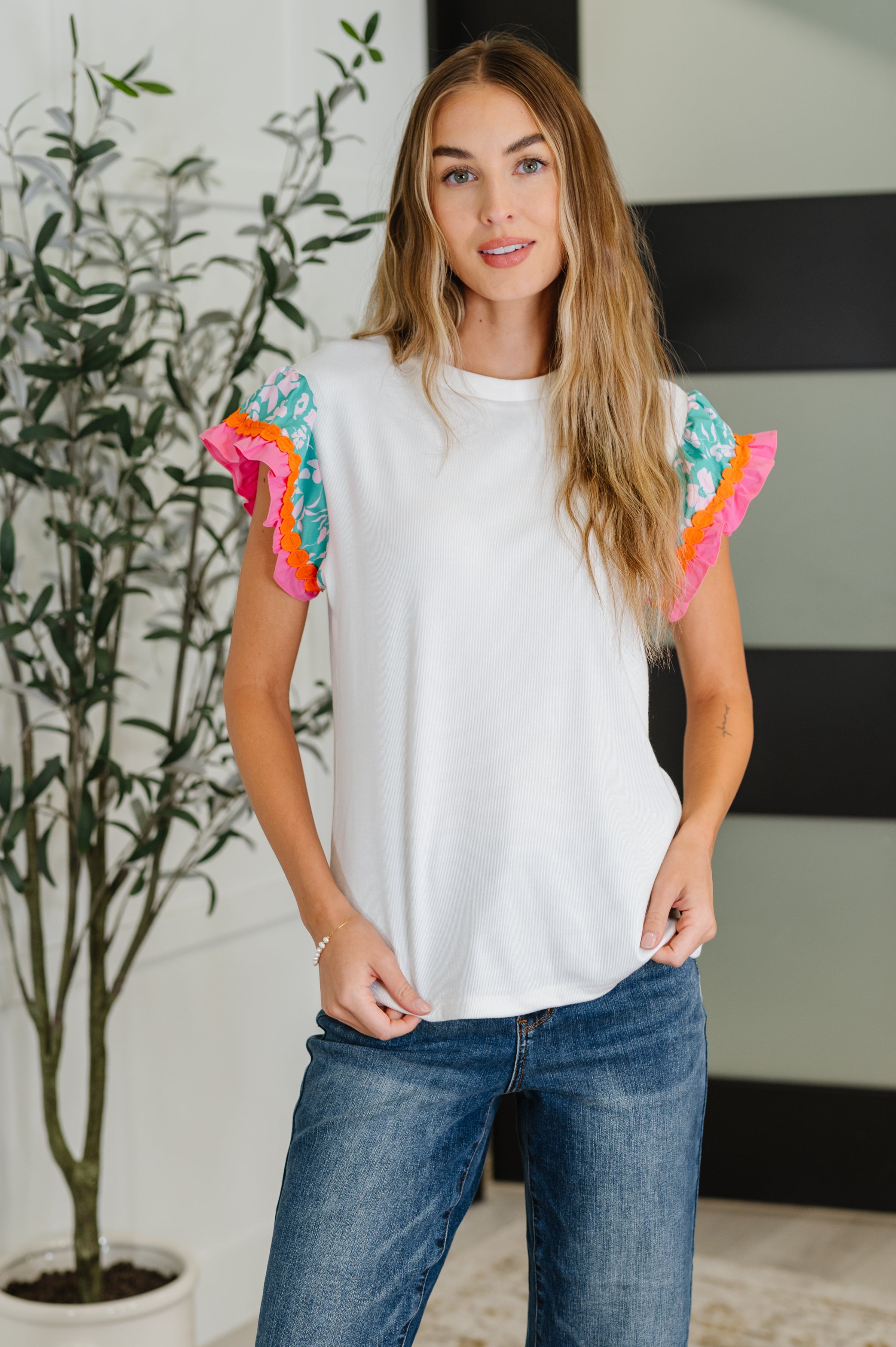 Petals & Poise Floral Flutter Sleeve Top in White Womens Ave Shops- Tilden Co.
