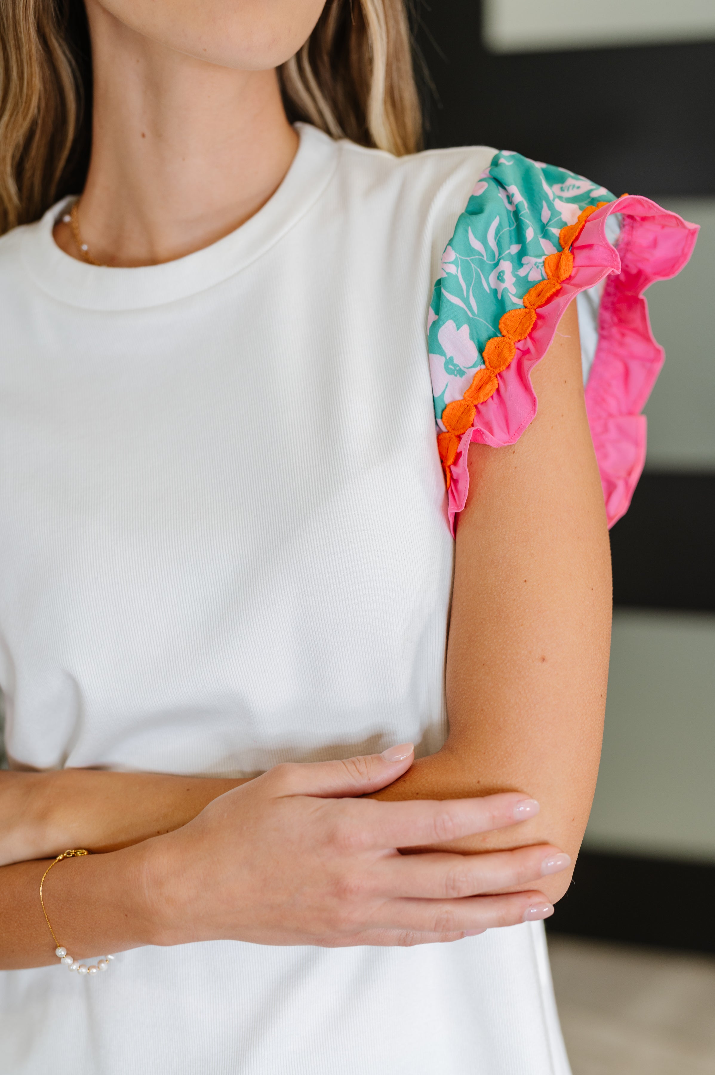 Petals & Poise Floral Flutter Sleeve Top in White Womens Ave Shops- Tilden Co.