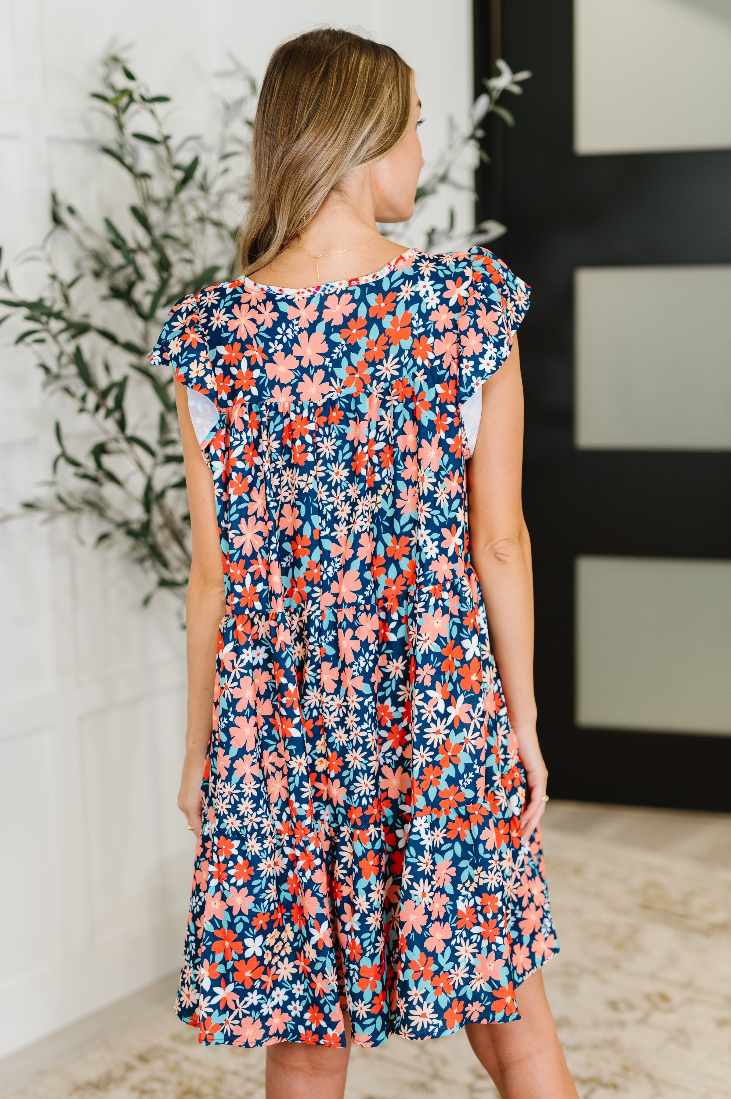 Petal to the Metal Flutter Sleeve Dress in Navy/Coral Womens Ave Shops- Tilden Co.