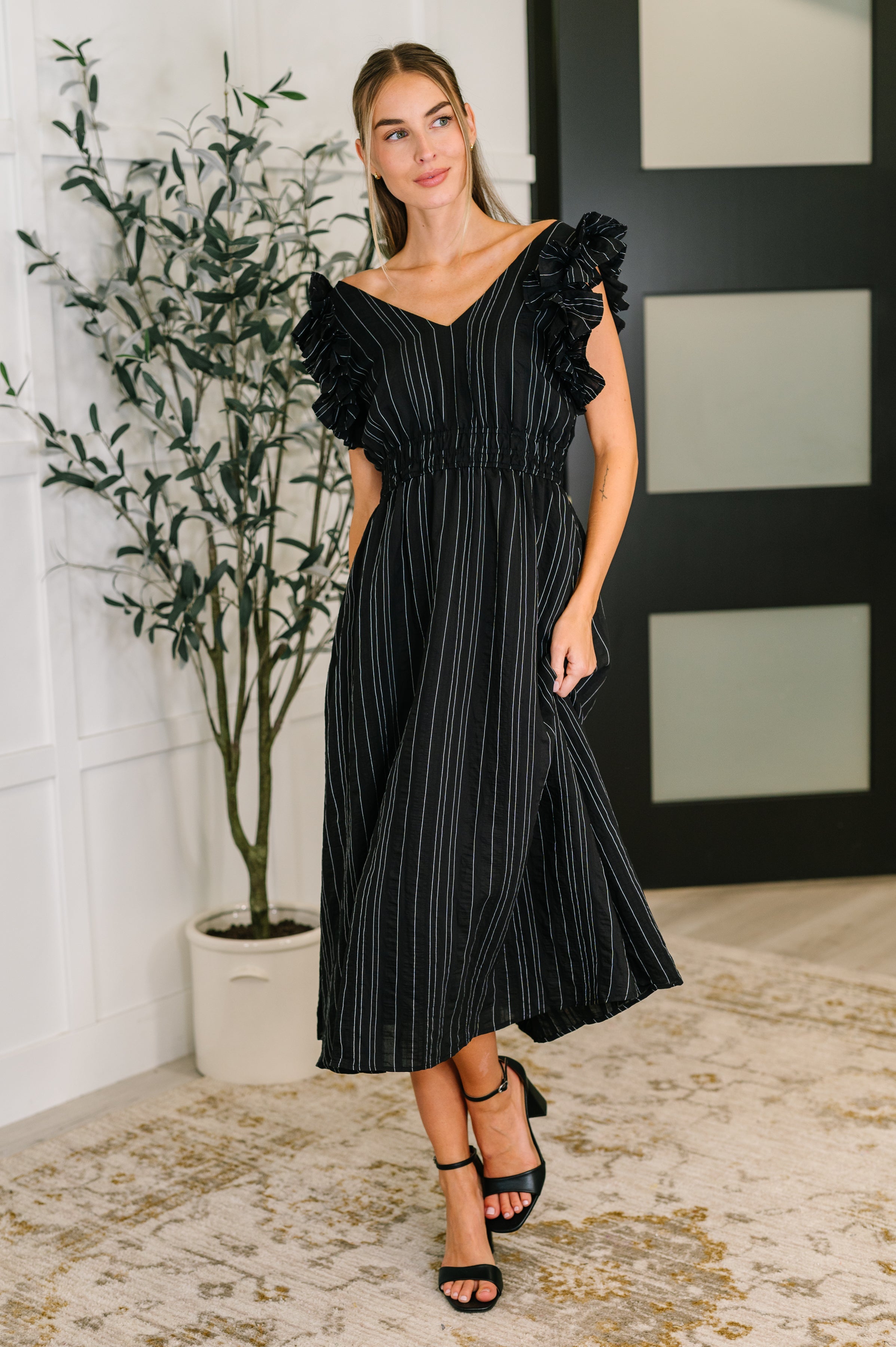 Pinstripe Romance V-Neck Ruffle Sleeve Dress in Black Knee Length Dress Ave Shops- Tilden Co.