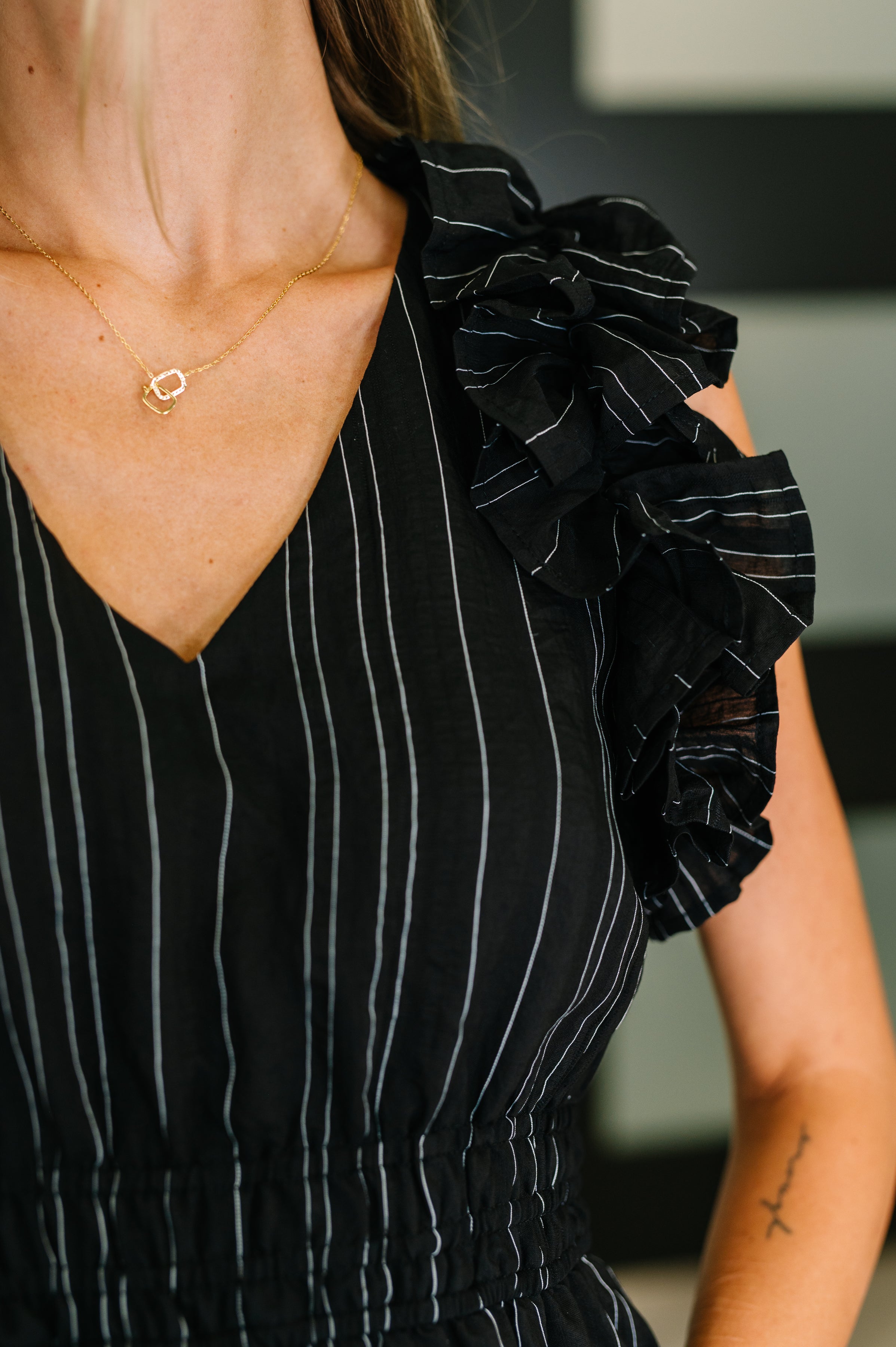 Pinstripe Romance V-Neck Ruffle Sleeve Dress in Black Womens Ave Shops- Tilden Co.