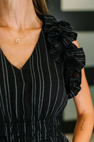 Pinstripe Romance V-Neck Ruffle Sleeve Dress in Black Knee Length Dress Ave Shops- Tilden Co.