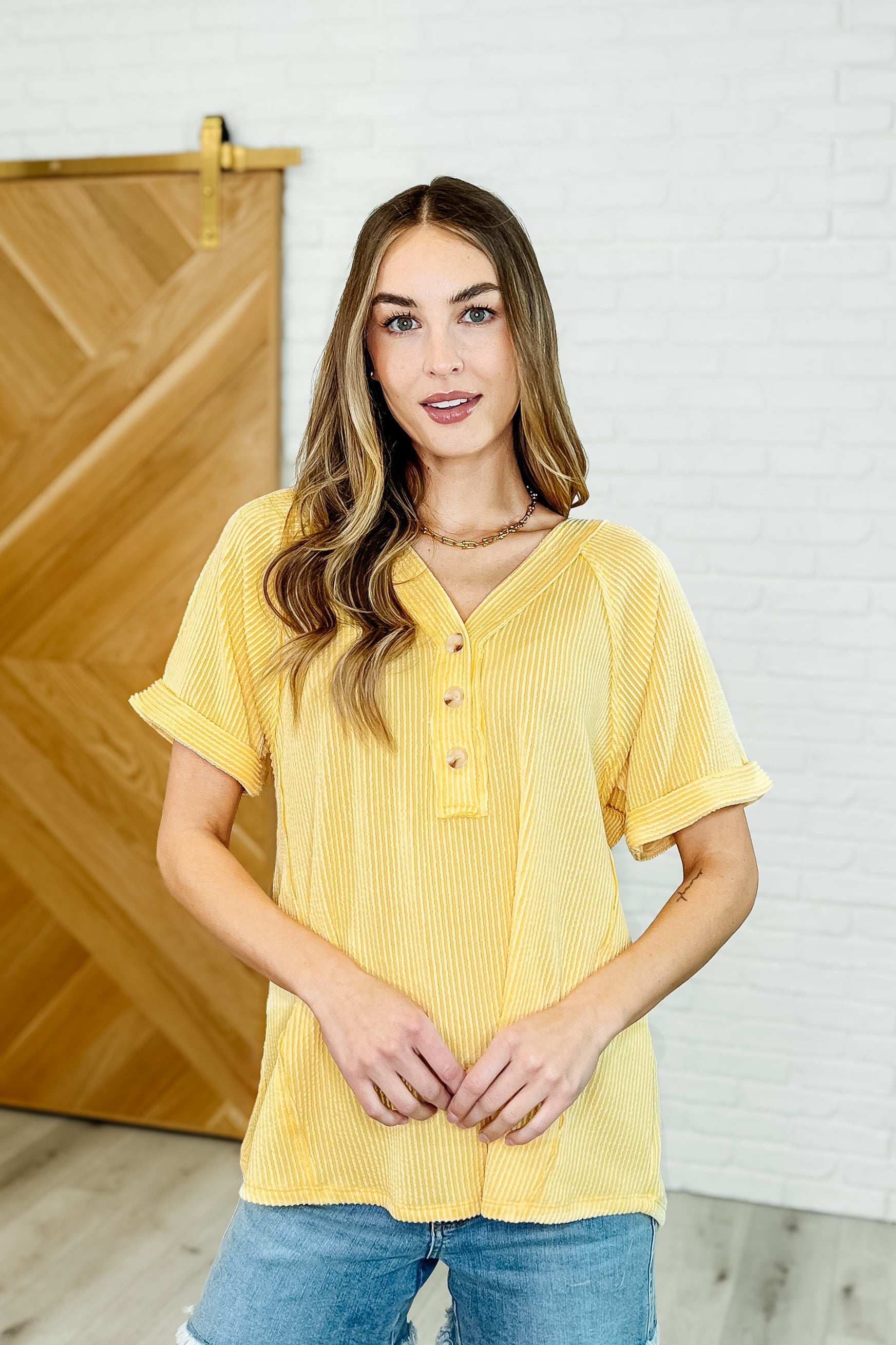 Plain and Sassy V-Neck Tee in Lemonade Womens Ave Shops- Tilden Co.