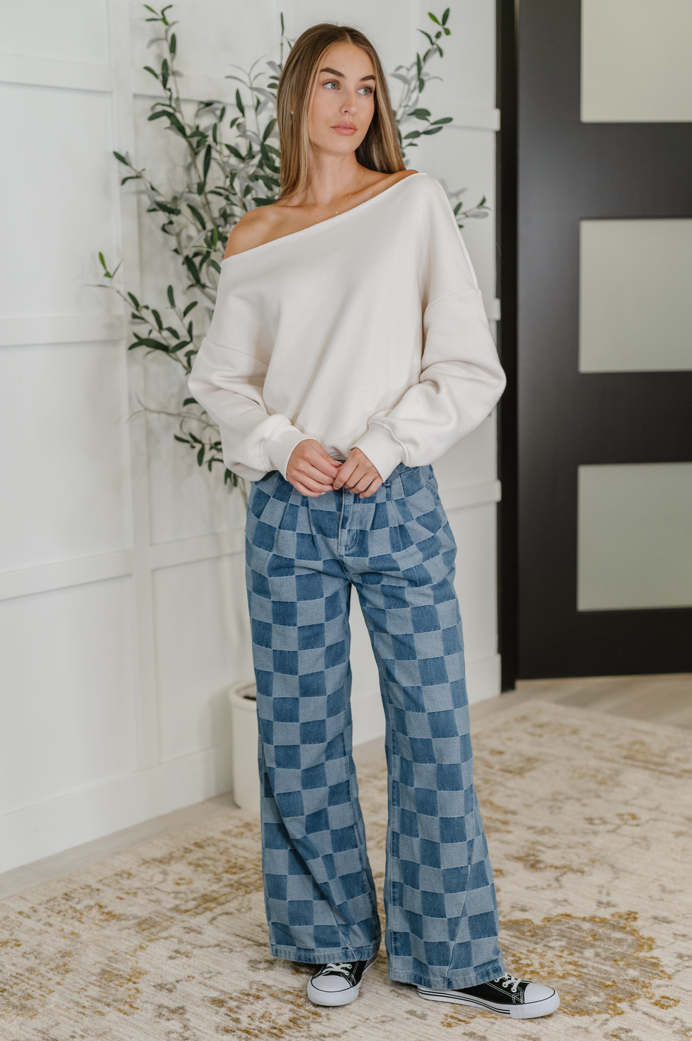 PREORDER: Please Detail Wide Leg Checkered Bottoms Womens Ave Shops- Tilden Co.