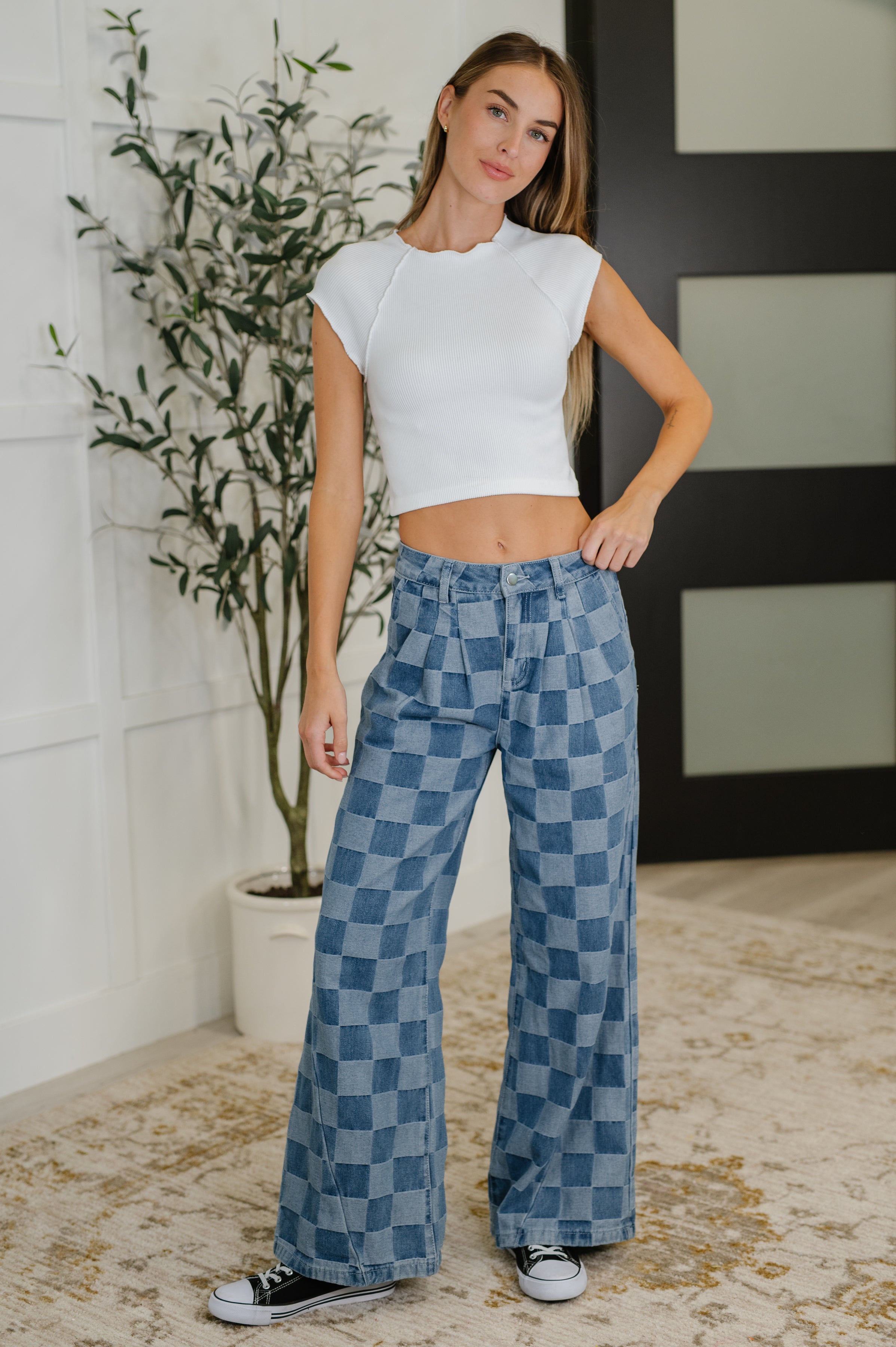 PREORDER: Please Detail Wide Leg Checkered Bottoms Womens Ave Shops- Tilden Co.