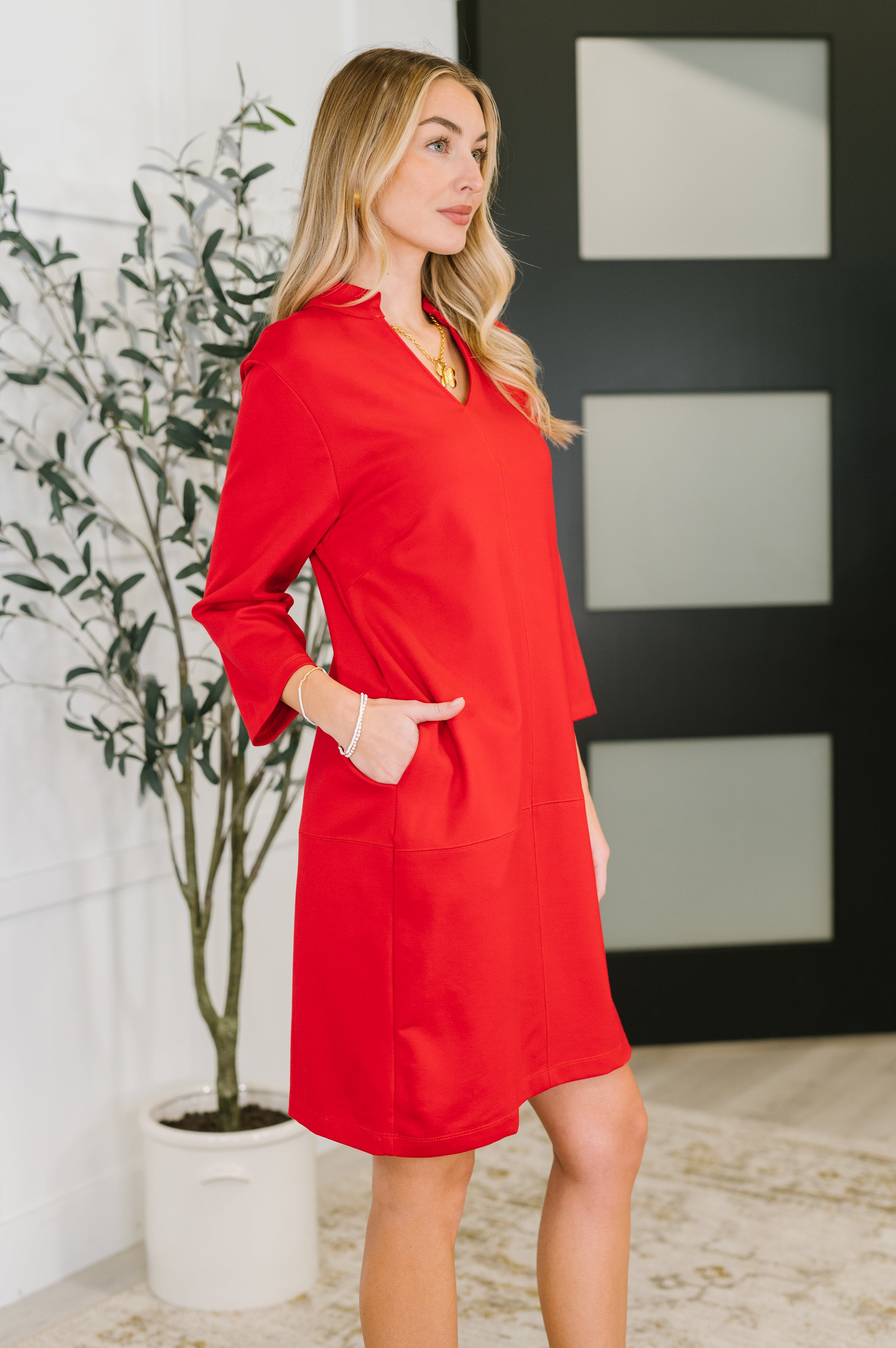 Portfolio Quarter Sleeve Dress in Red Womens Ave Shops- Tilden Co.