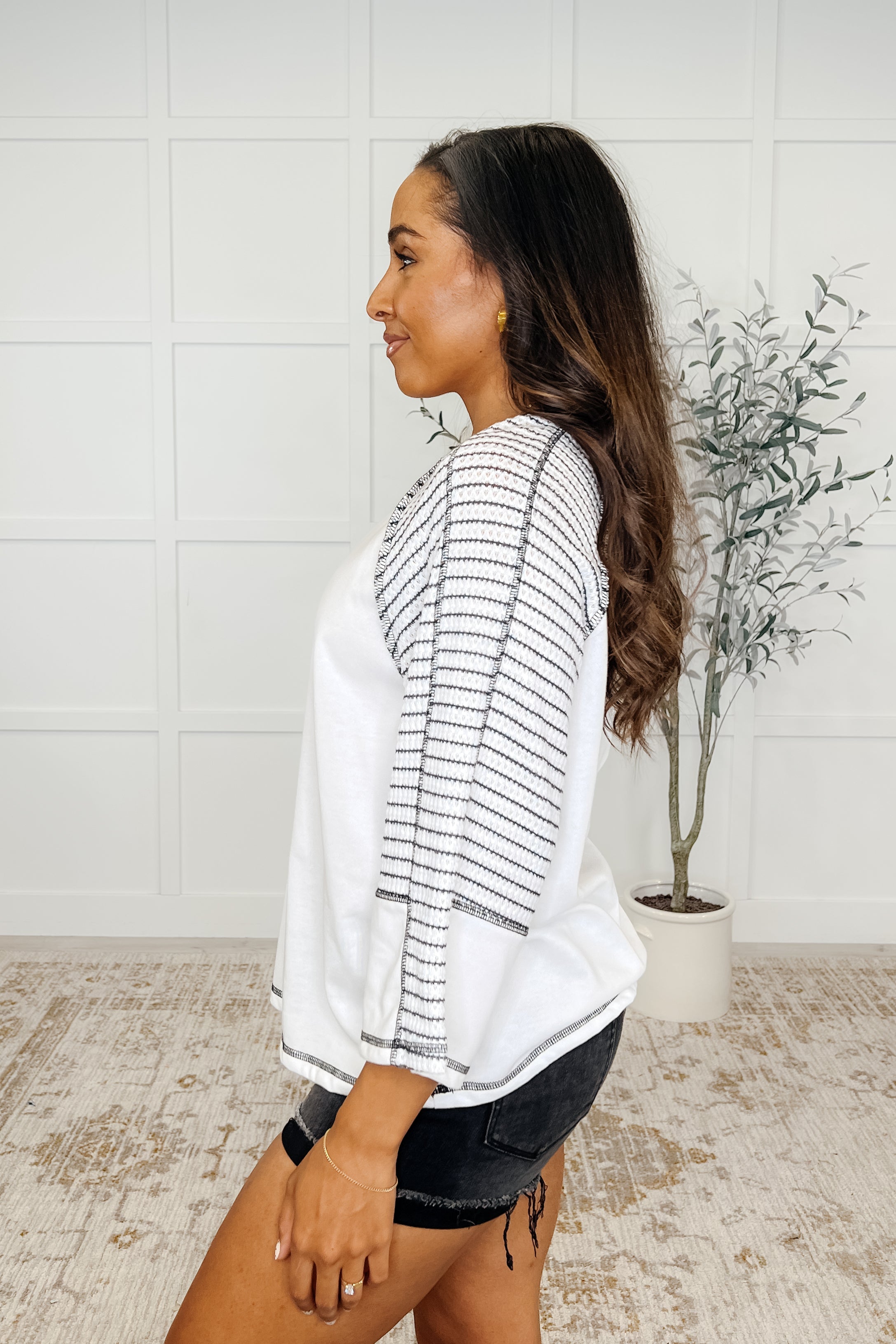 Preoccupied Striped Sleeve Top in Black Womens Ave Shops- Tilden Co.