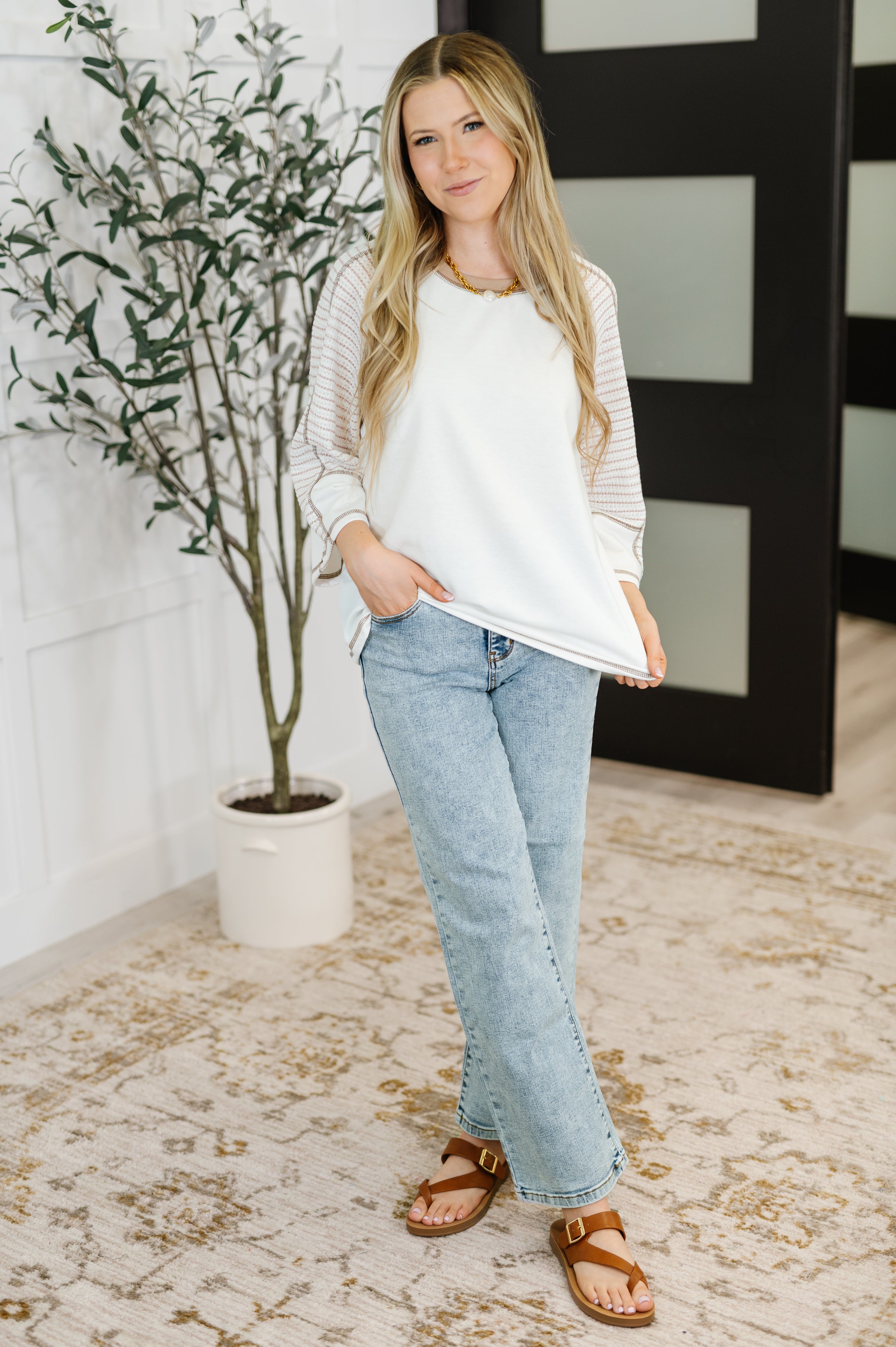 Preoccupied Striped Sleeve Top in Tan Womens Ave Shops- Tilden Co.